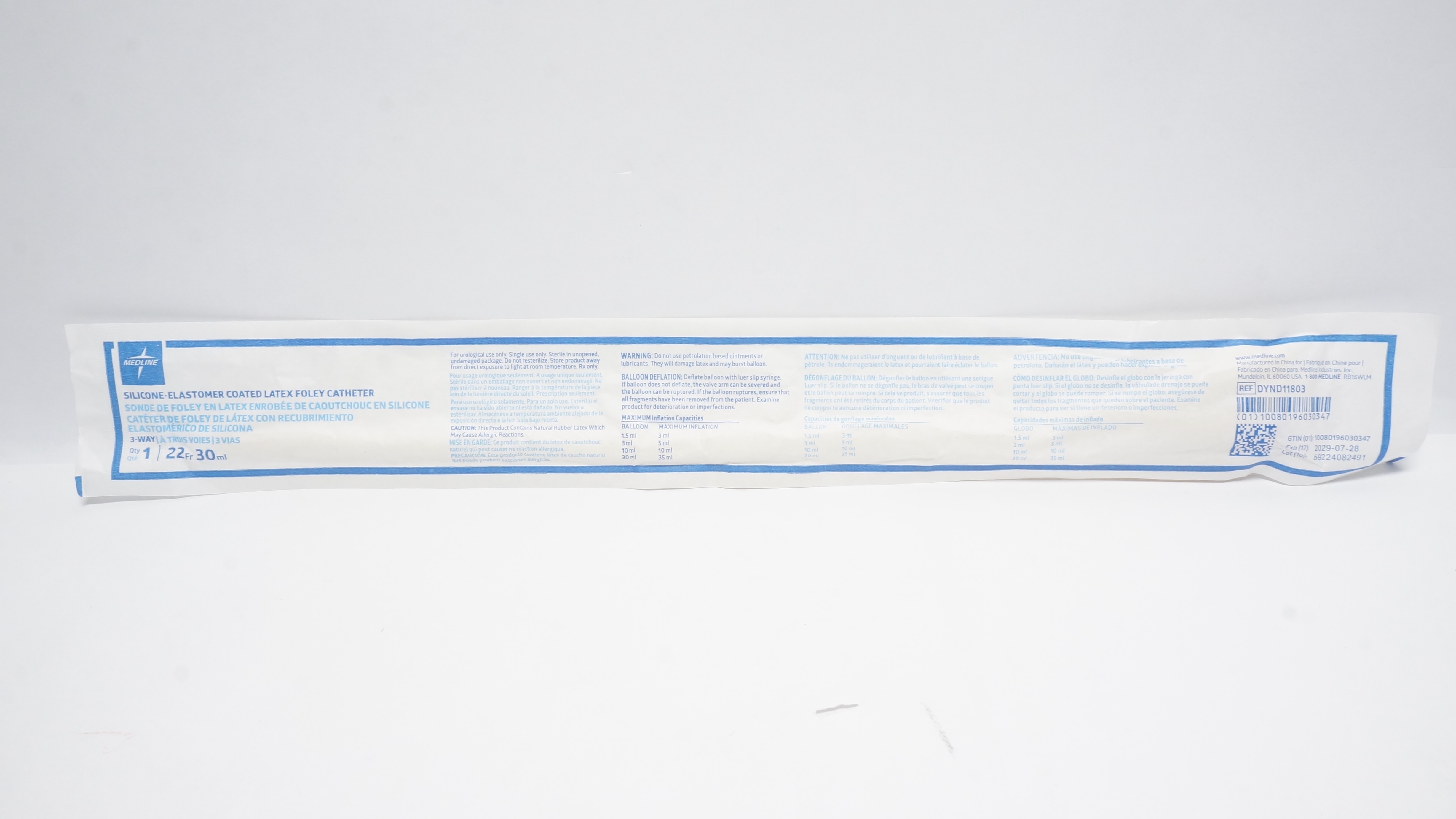 Medline DYND11803 Silicone-Elastomer Coated Latex Foley Cath 22Fr 30ml