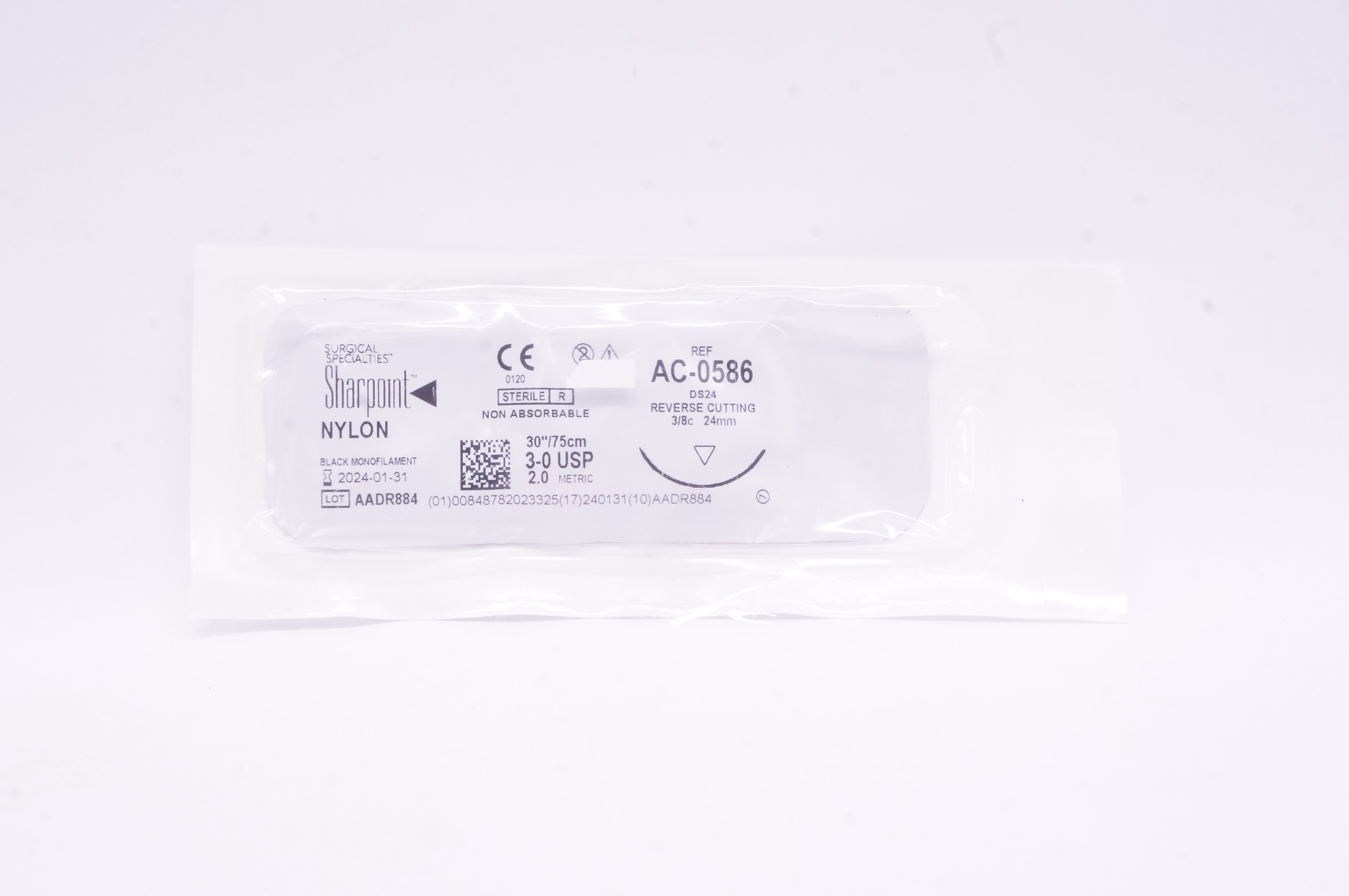 Surgical Specialties AC-0586 3-0 Sharpoint Nylon DS24, 1/4c 24mm, 30inch