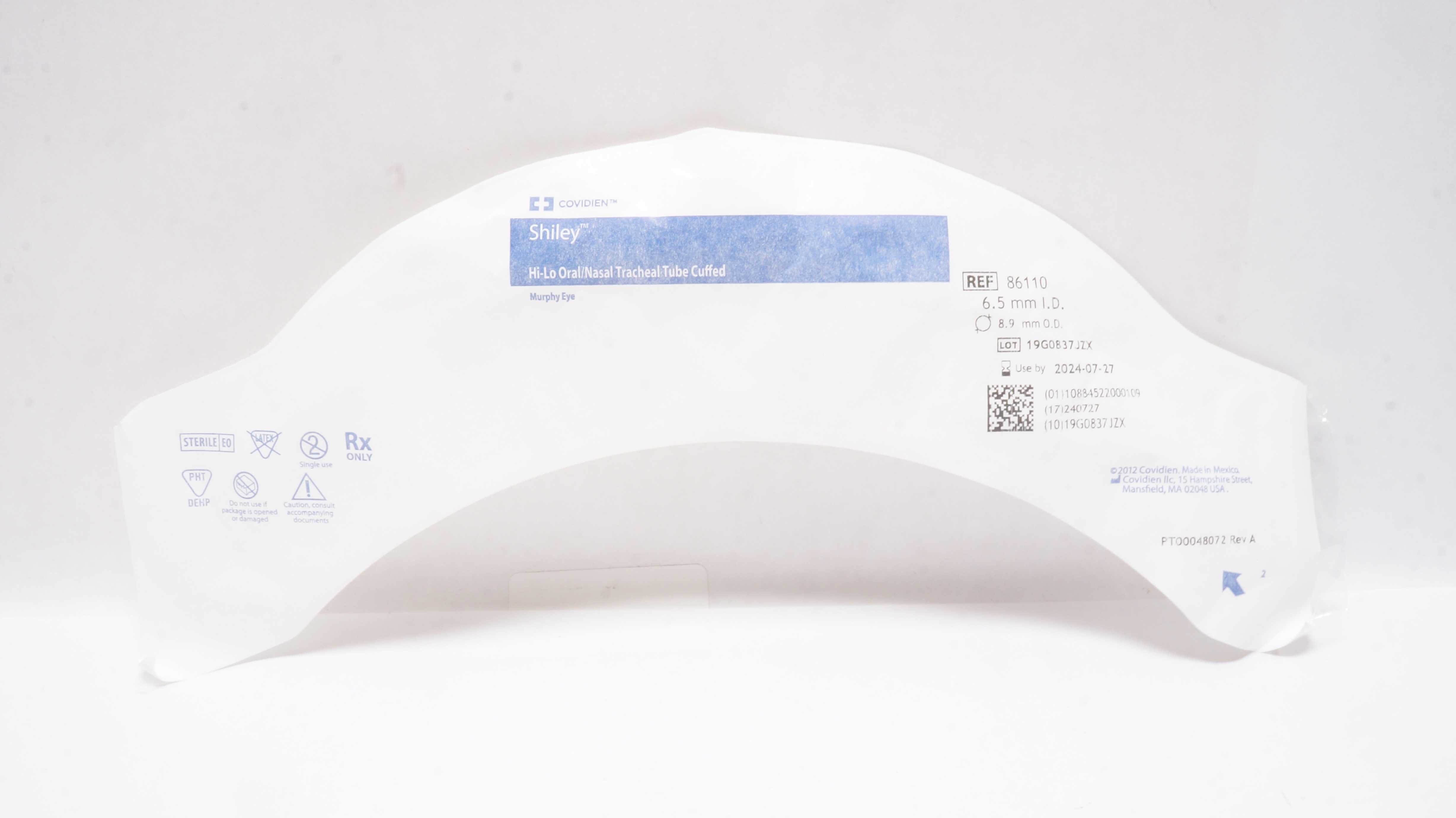 Covidien 86110 Shiley Hi-Lo Oral/Nasal Tracheal Tube Cuffed 6.5mm ID x 8.9mm OD