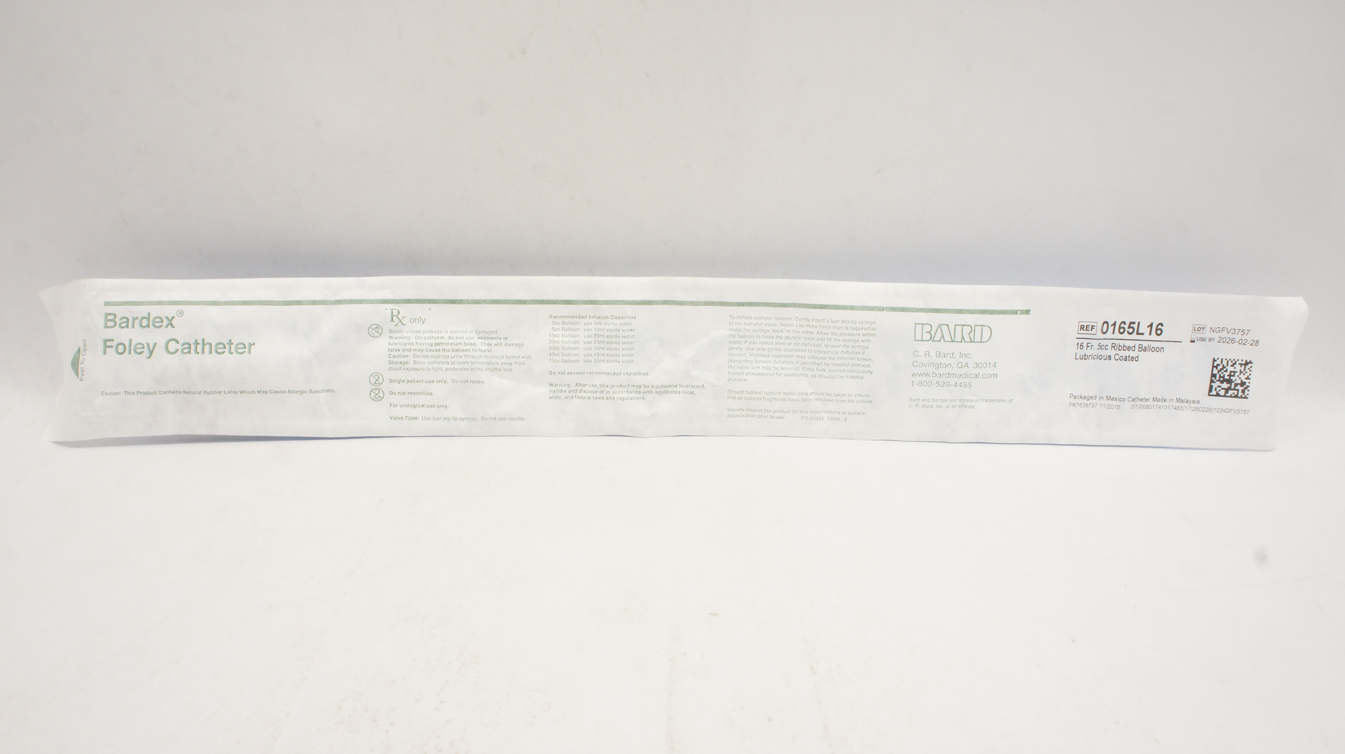 Bard 0165L16 Foley Cath. 16 Fr 5cc Ribbed Balloon Lubricious Coated