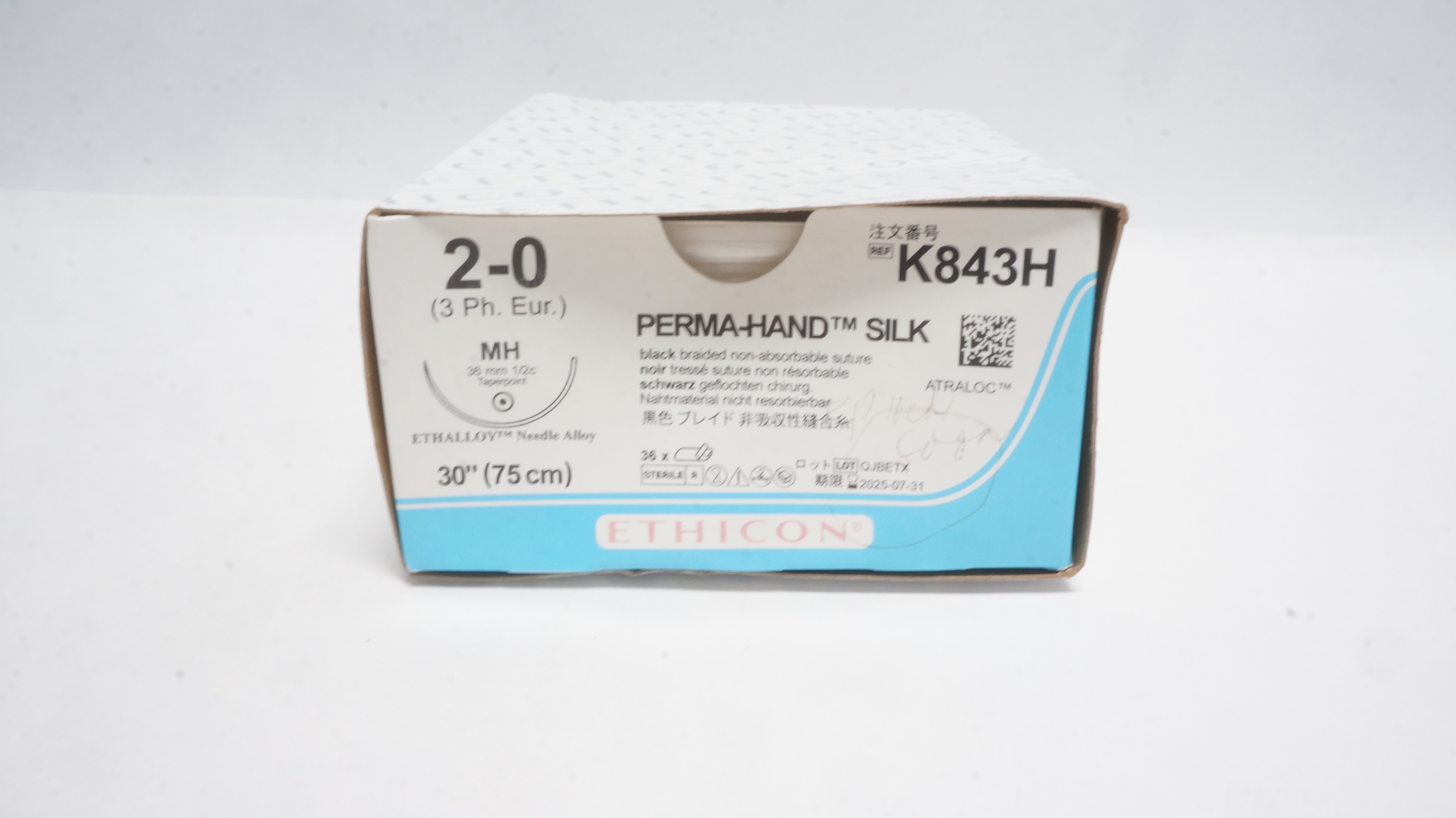 Ethicon K843H 2-0 Perma-Hand Silk Stre MH 26mm 1/2c Taperpoint 30In(x)-Box of 36