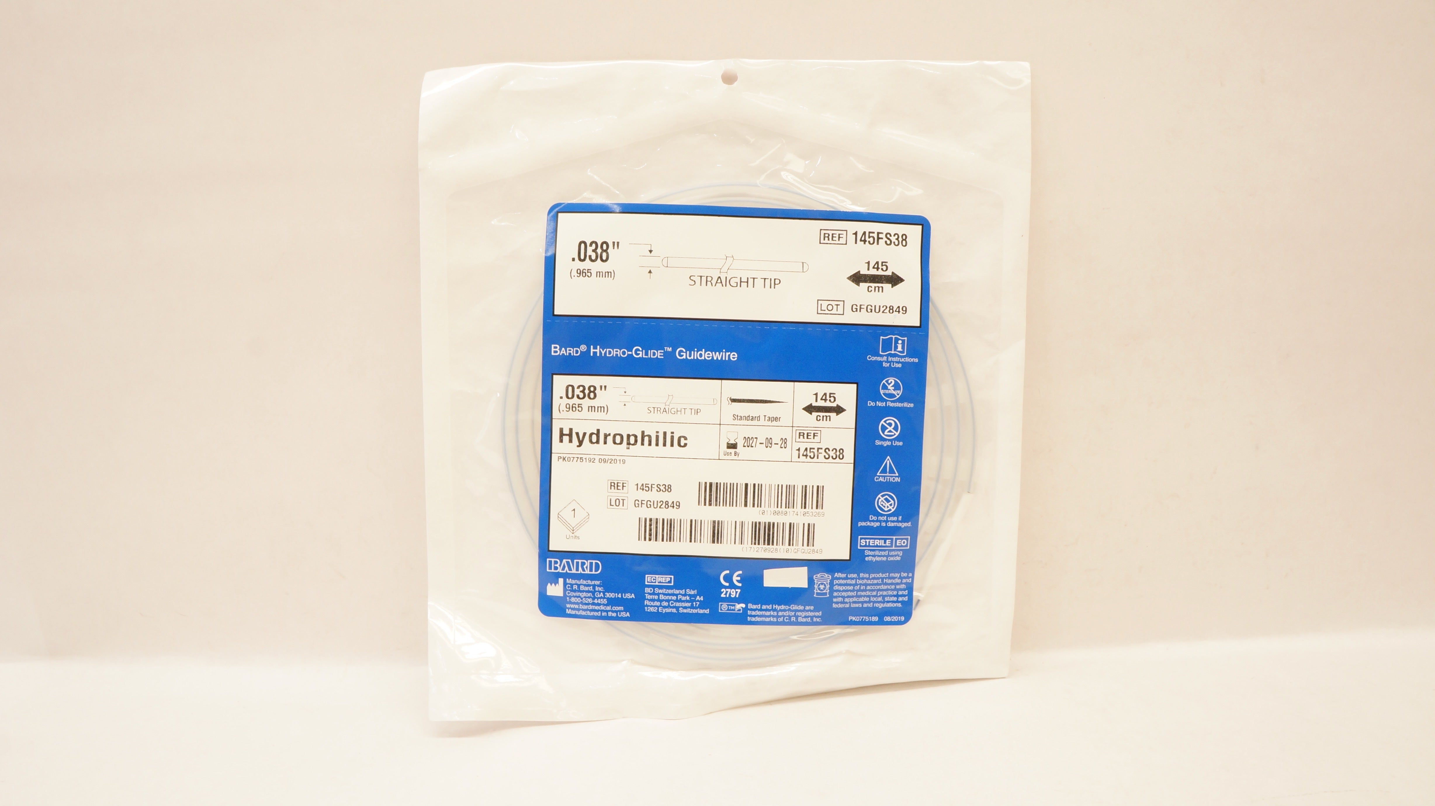 Bard 145FS38 Hydro-Glide Guidewire, Straight Tip 0.038inch x 145cm