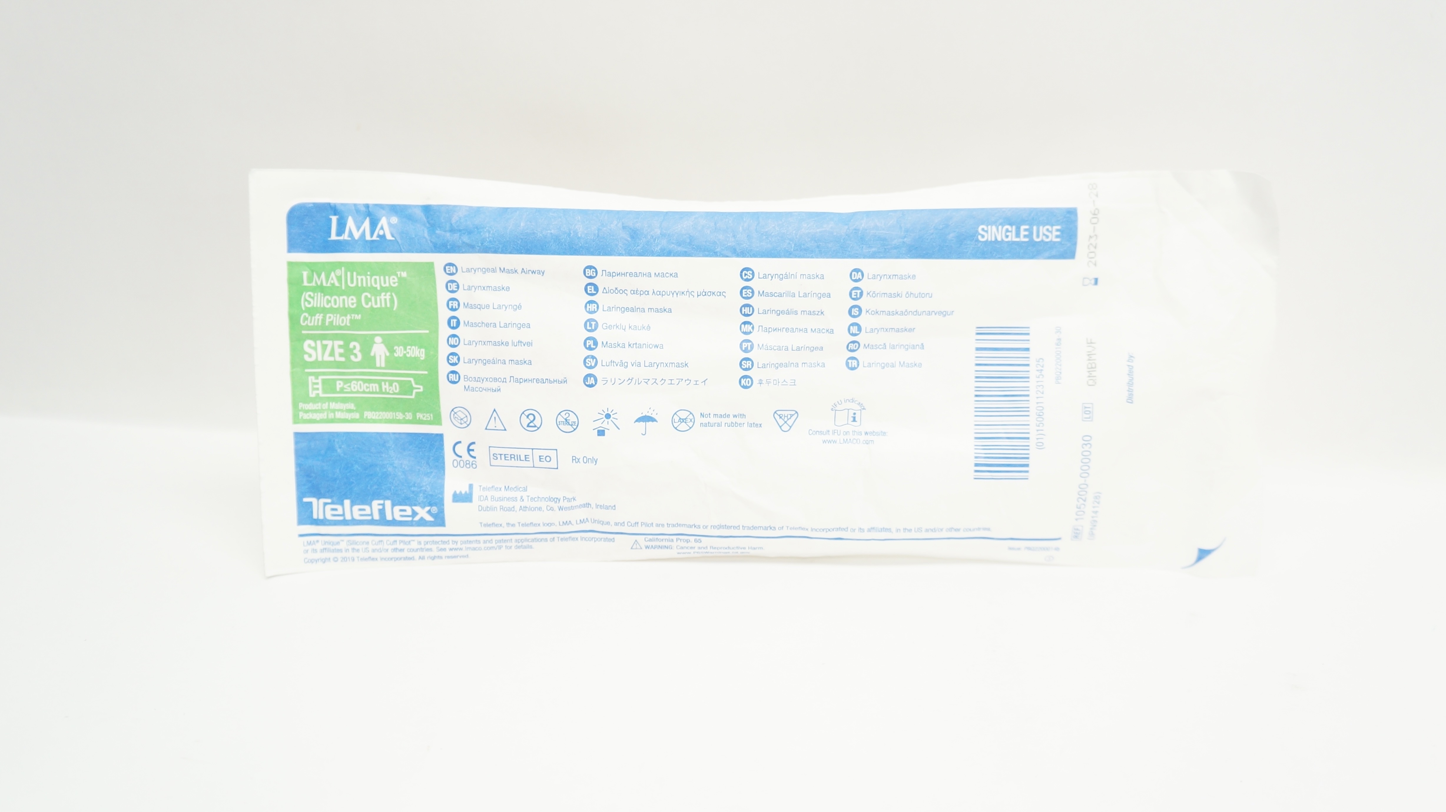 Teleflex 105200-000030 LMA Unique Laryngeal Mask Airway Size 3, 30-50kg (x)