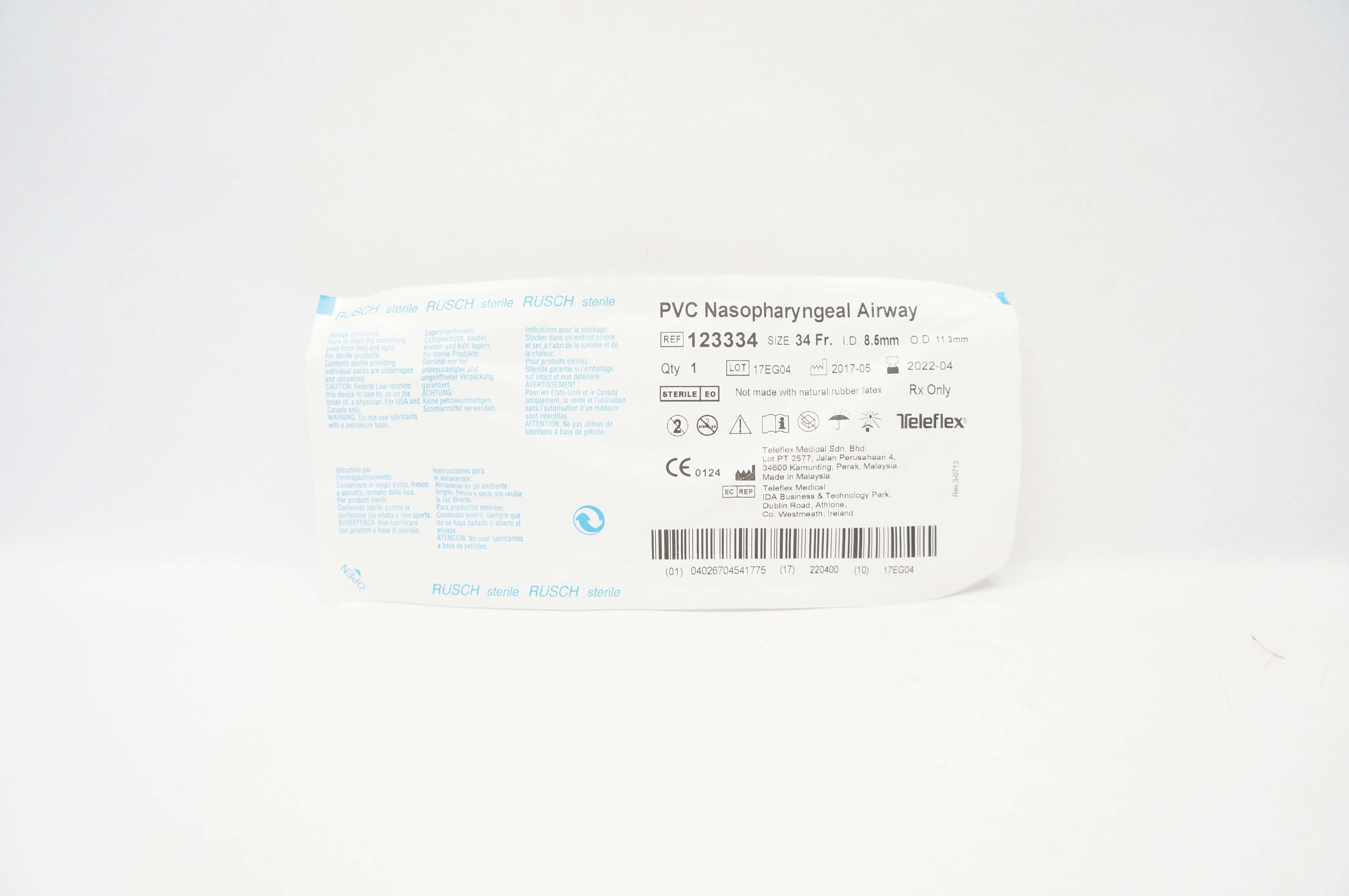 Teleflex 123334 Rusch PVC Nasopharyngeal Airway 34Fr. 8.5mm ID. x 11.3mm OD (x)