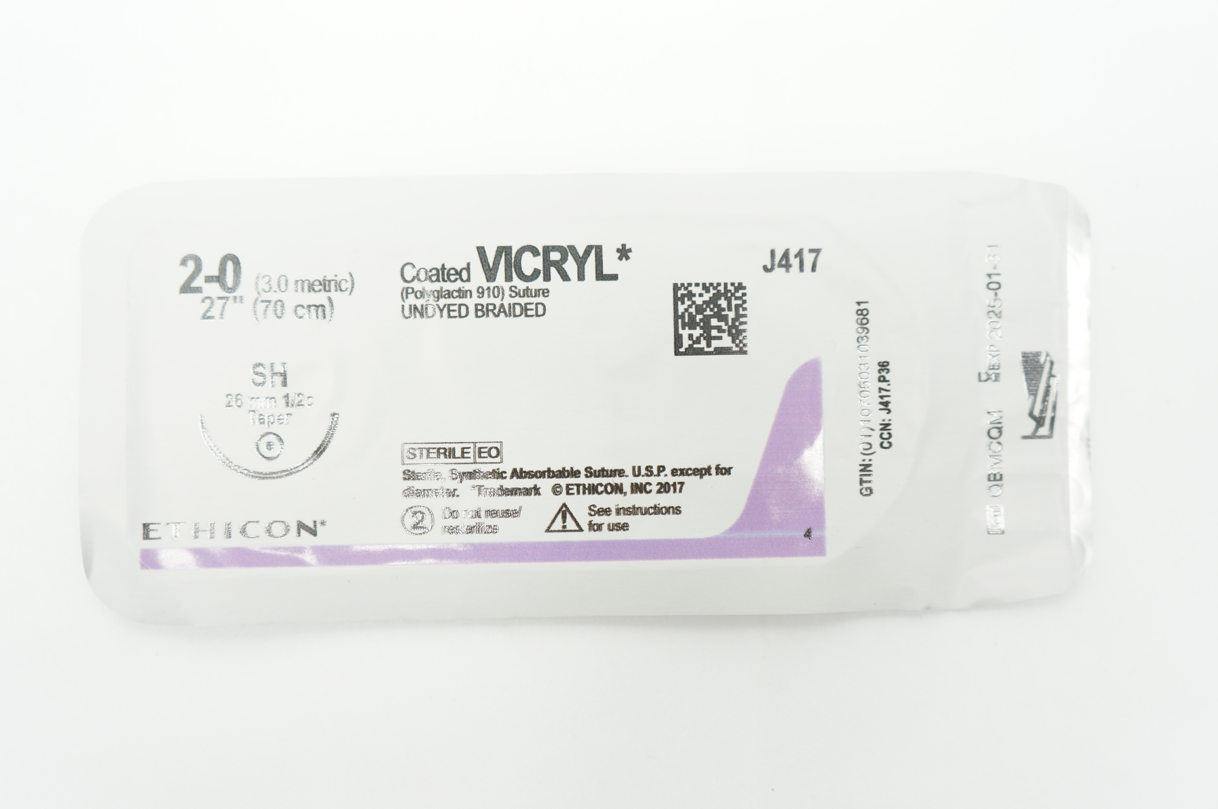 Ethicon J417 2-0 VICRYL SH 26mm 1/2c Taper 27inch
