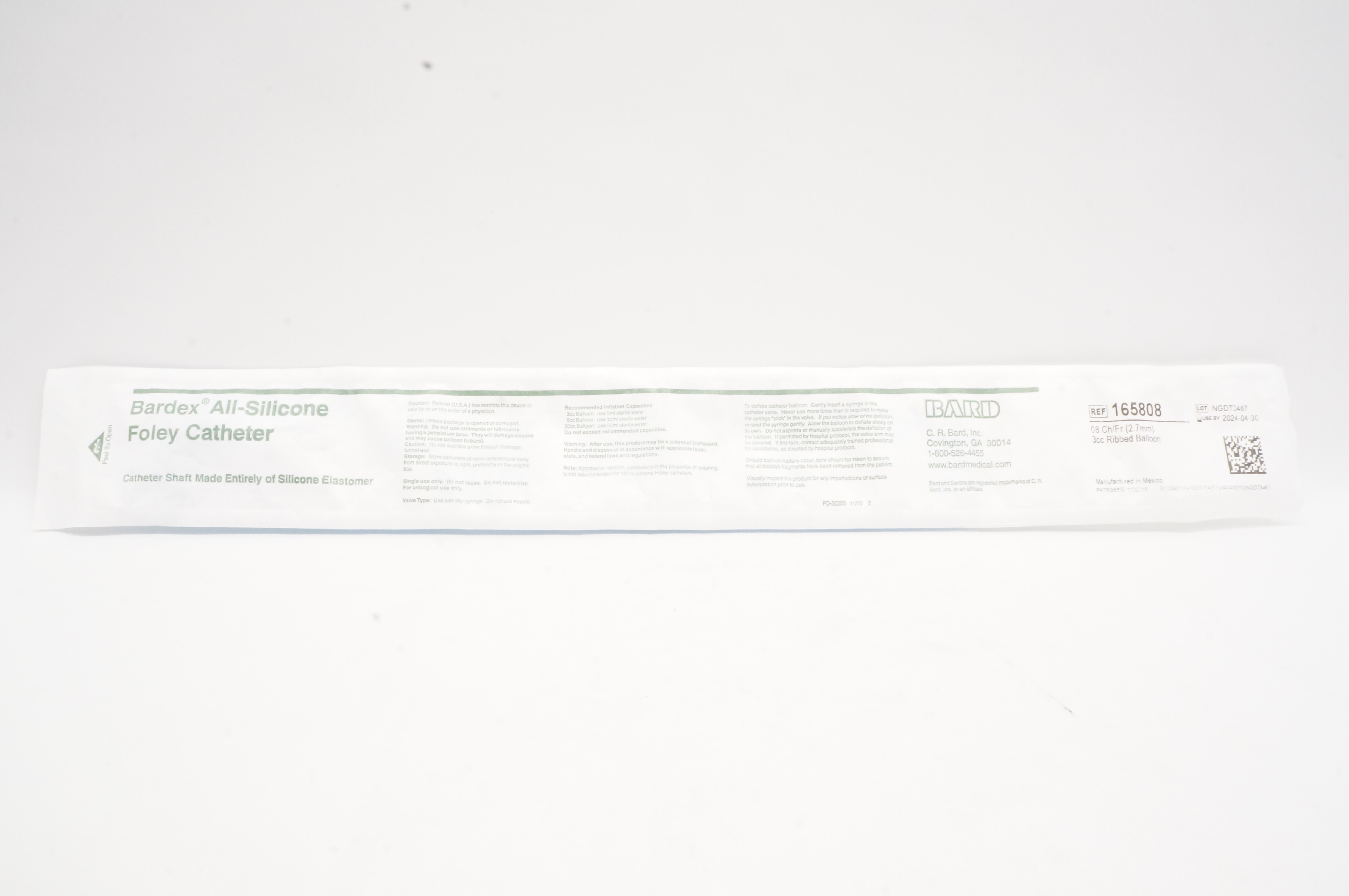 Bard 165808 Bardex All-Silicone Foley Cath. Ribbed Balloon 08Fr 3cc