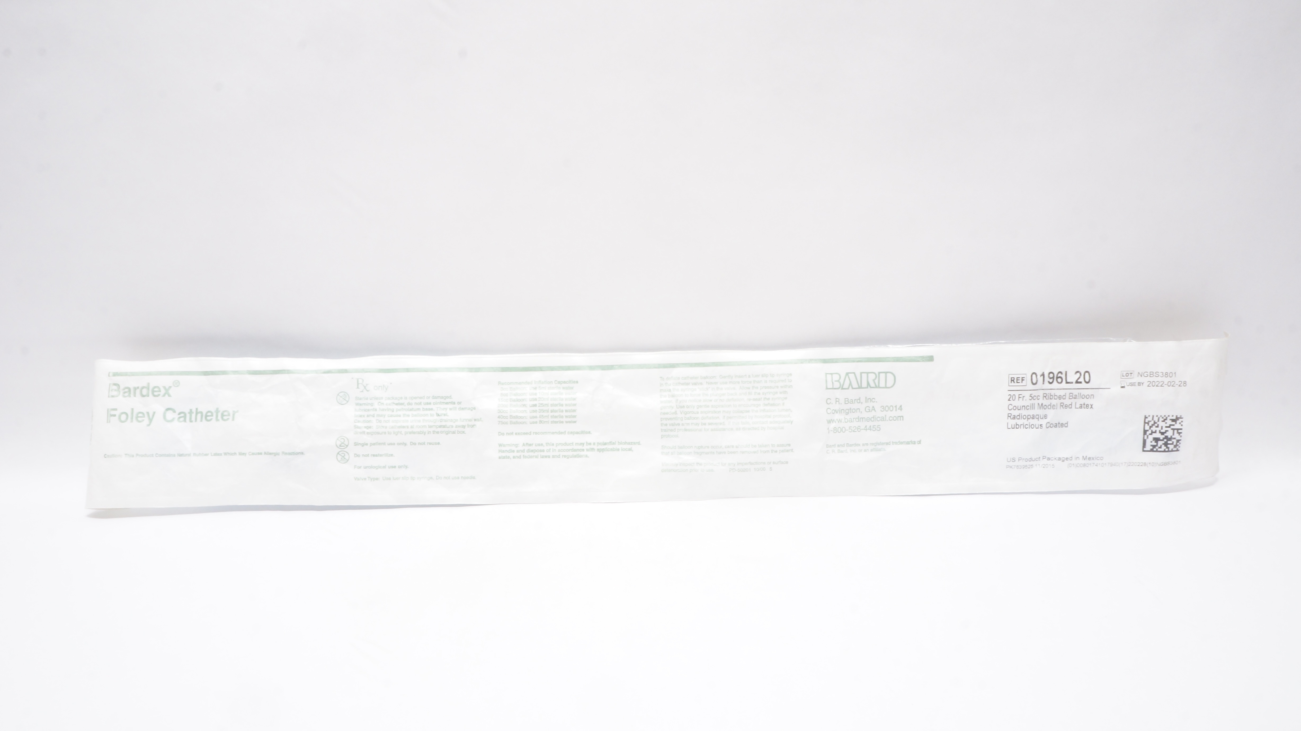Bard 0196L20 Bardex Foley Cath. 20Fr. 5cc Ribbed Balloon, Councill Model (x)