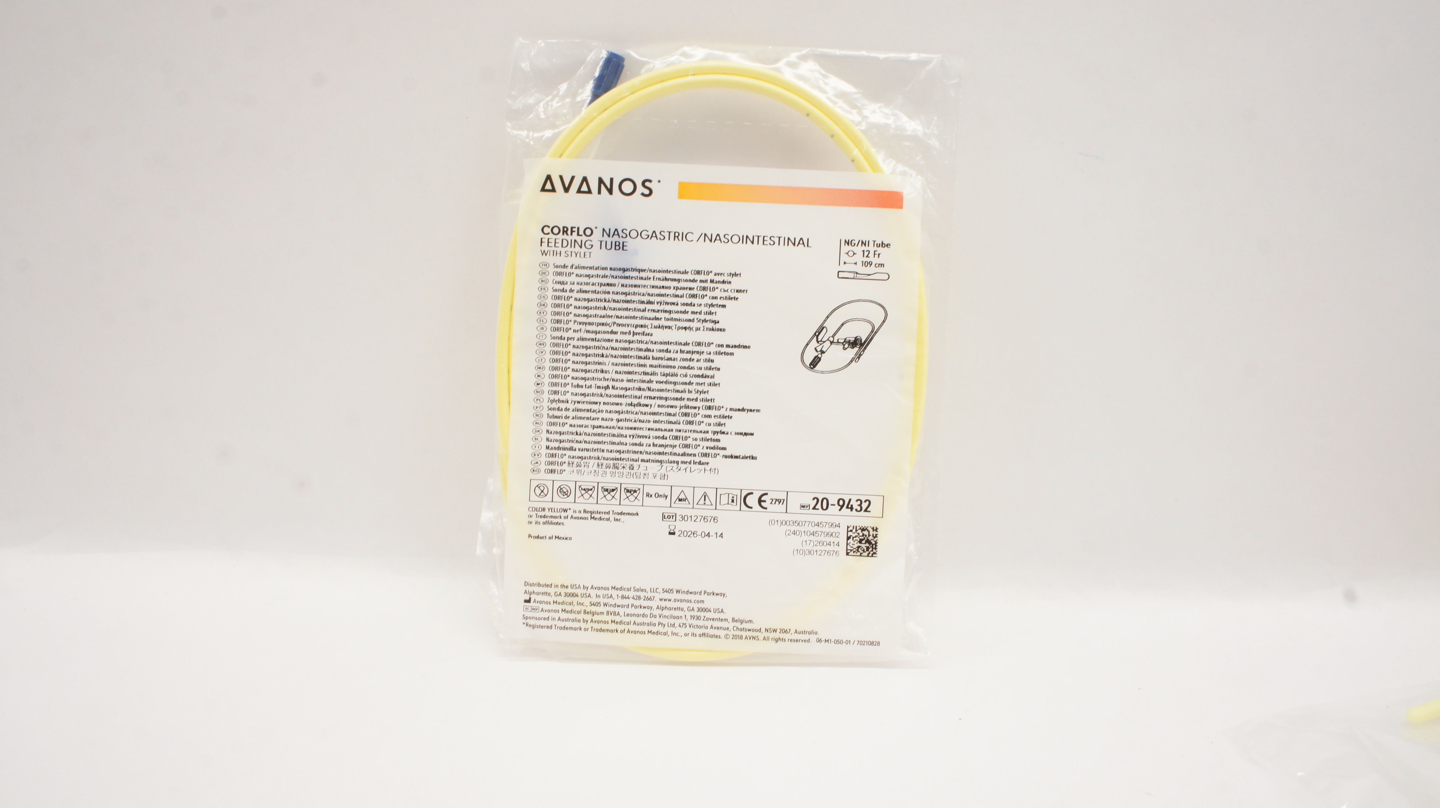 Avanos 20-9432 Corflo Nasogastric /Nasointenstinal Feeding Tube W/Stylet 12Fr