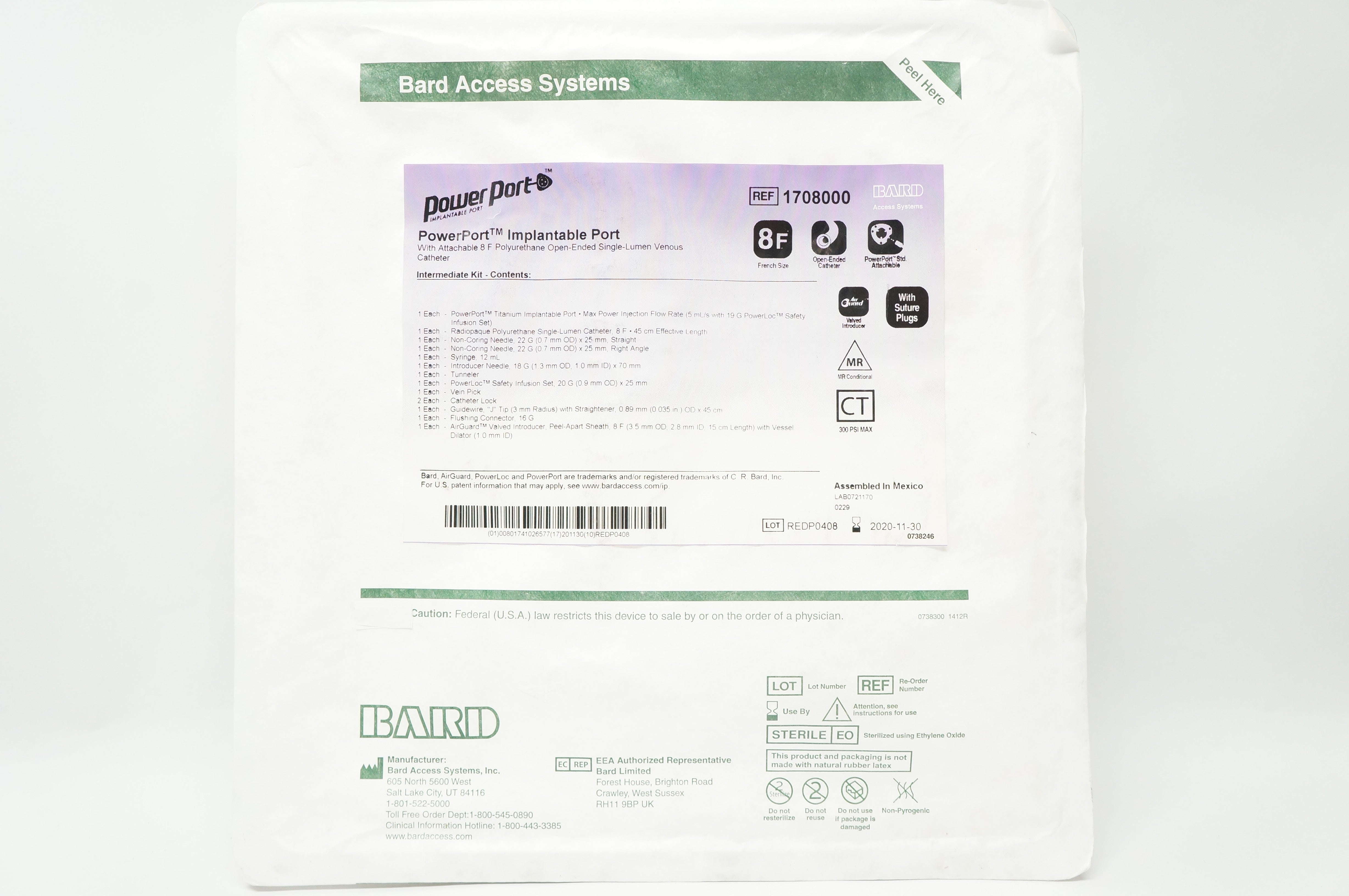 Bard 1708000 Power Port Implantable Port With Attachable Venous Cath. 8F (x)