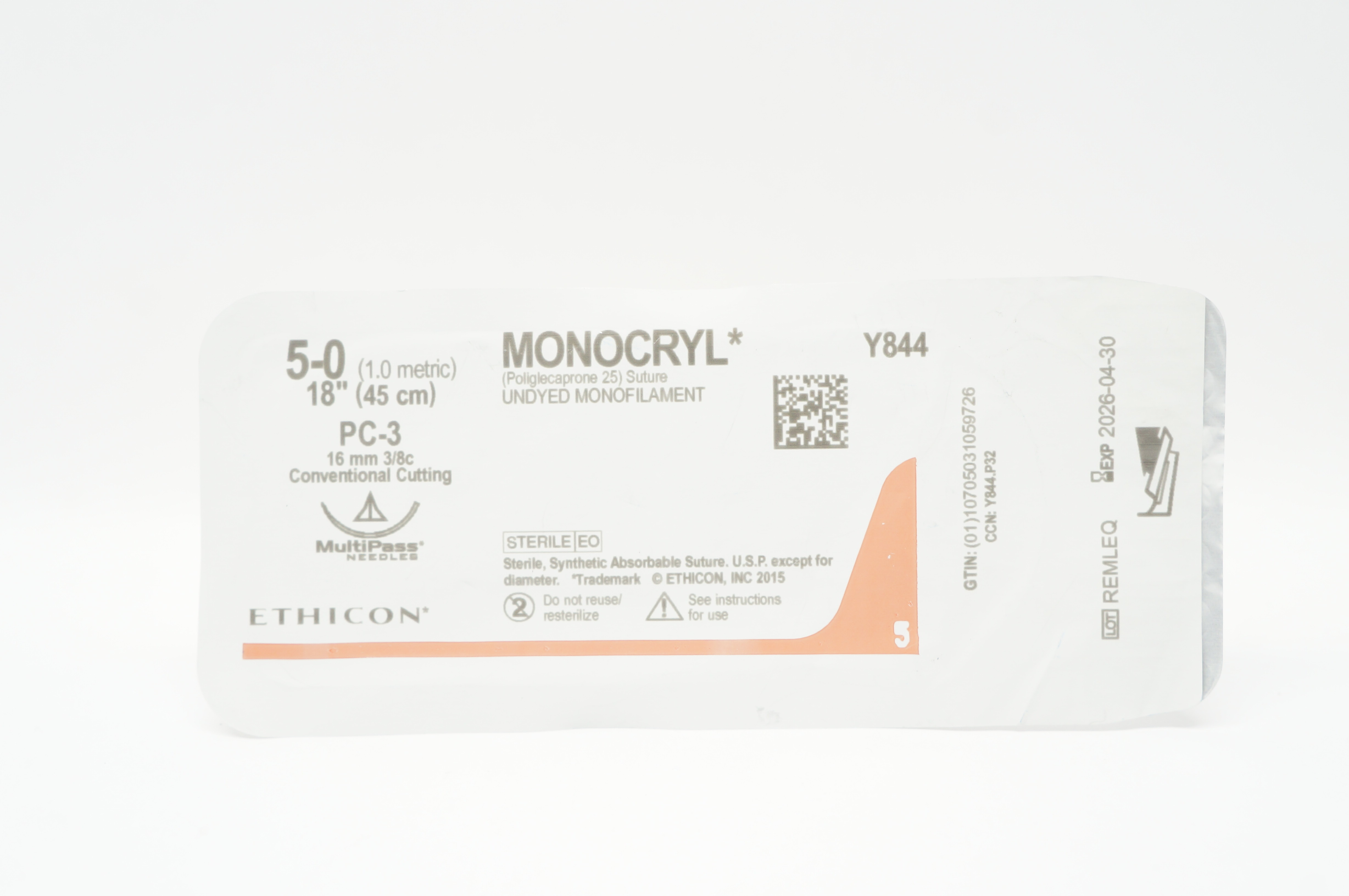Ethicon Y844 5-0 MONOCRYL Stre PC-3 16mm 3/8c Conventional Cutting 18inch