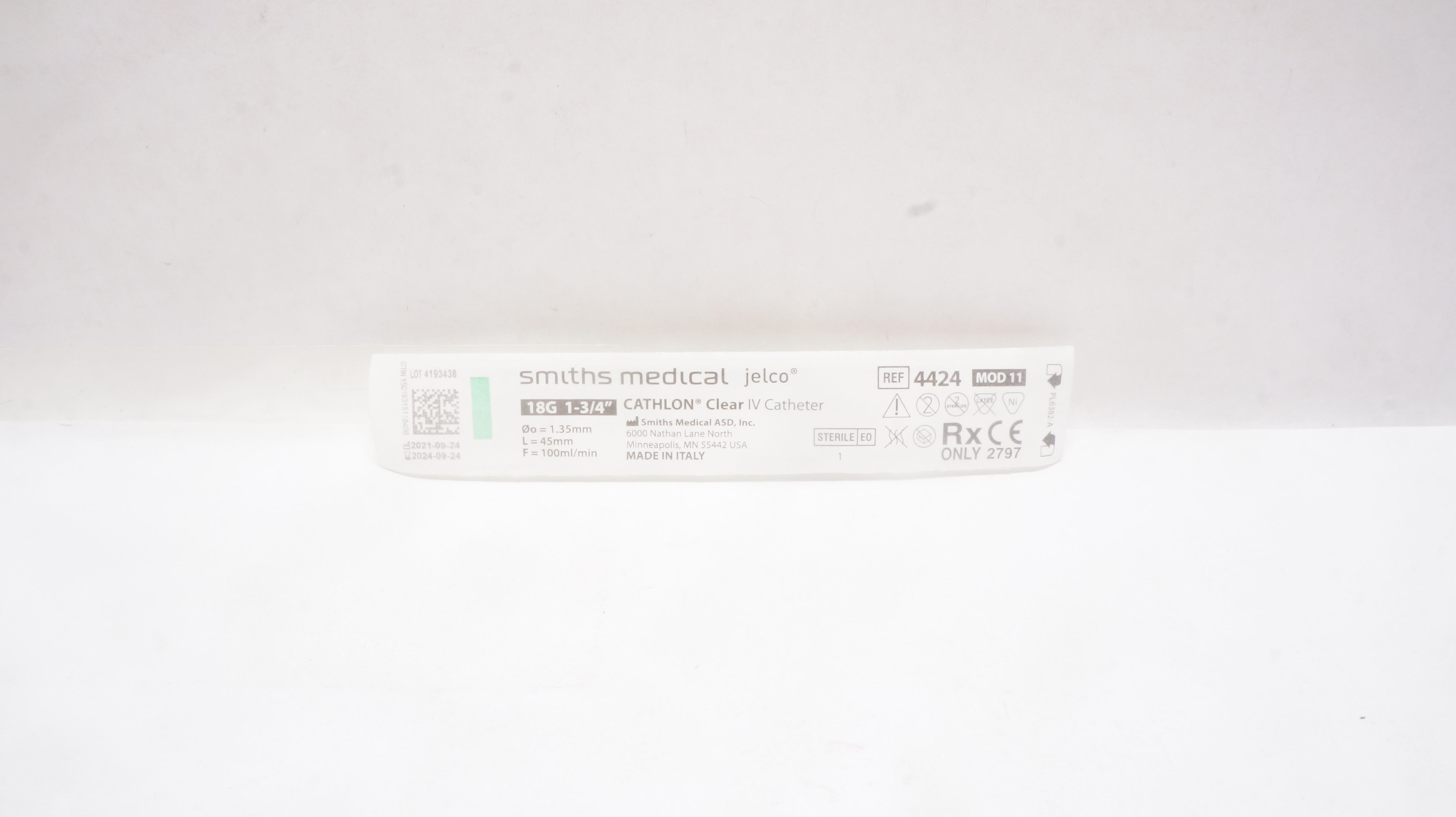 Smiths Medical 4424 Jelco Cathlon Clear I.V. Cath. 18G x 1-3/4inch 100mL/min