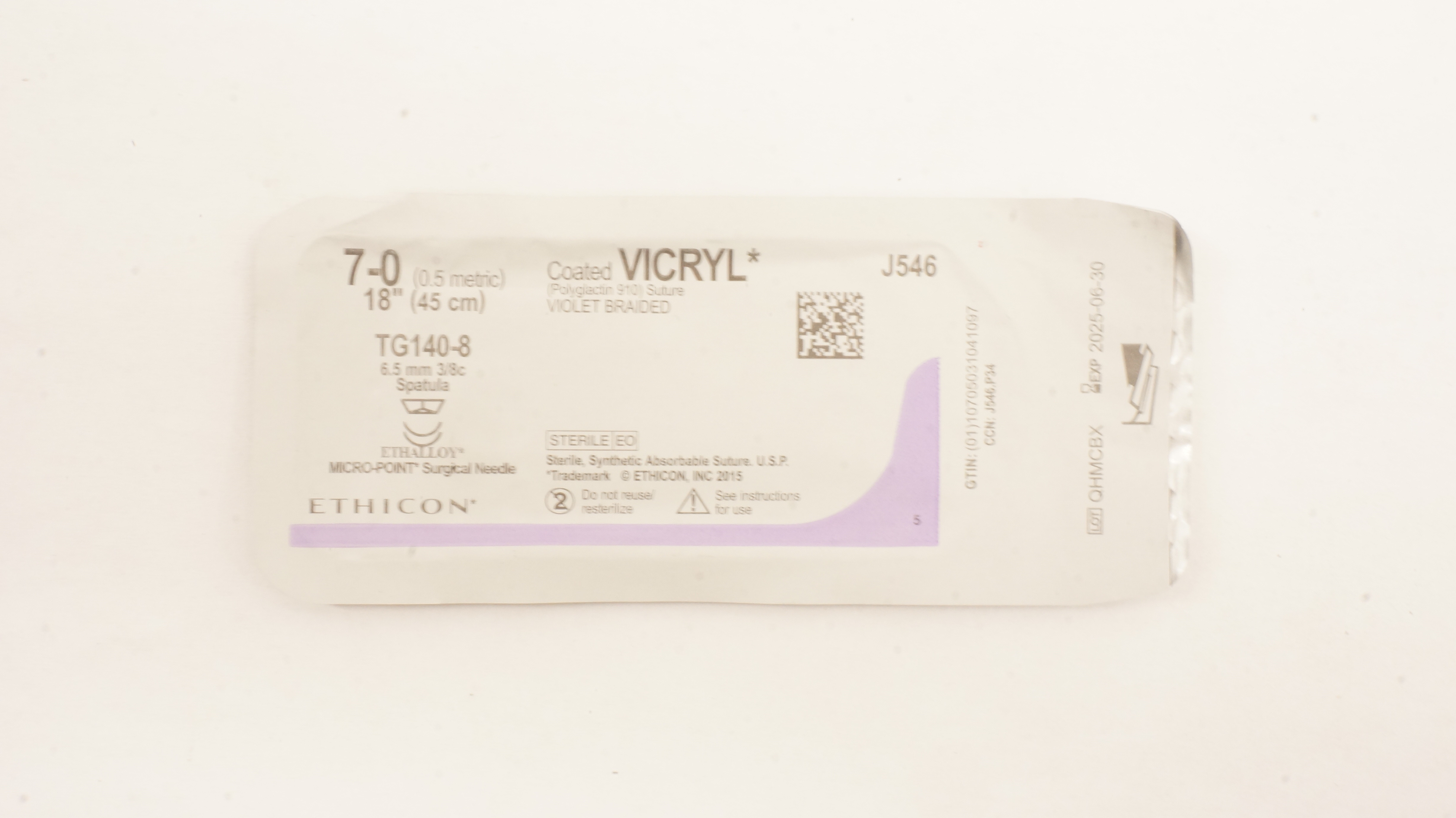 Ethicon J346 7-0 Coated VICRYL Stre TG140-8 6.5mm 3/8c Spatula 18inch