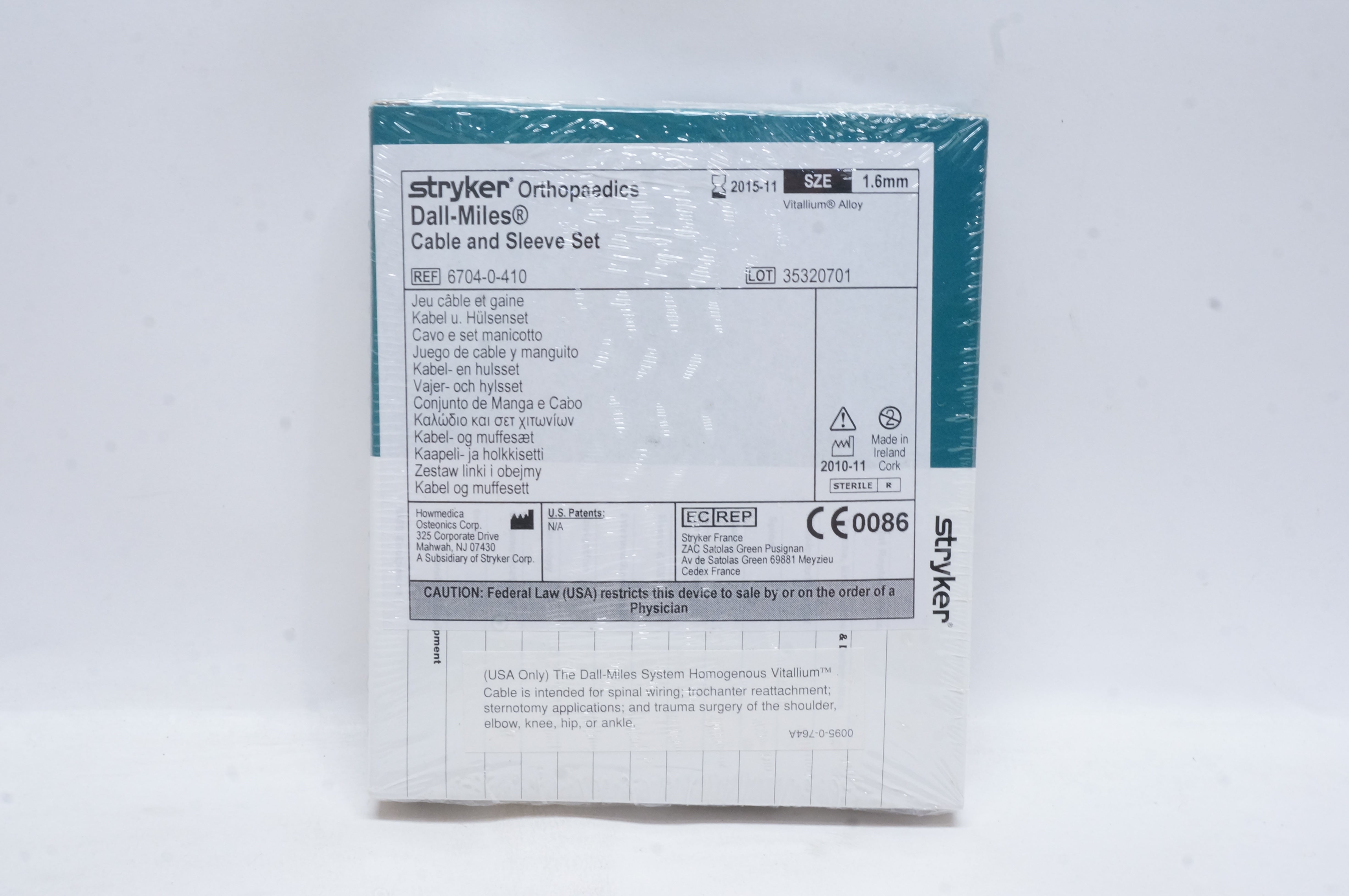 Stryker 6704-0-410 Orthopaedics Dall-Miles Cable and Sleeve Set 1.6mm (x)
