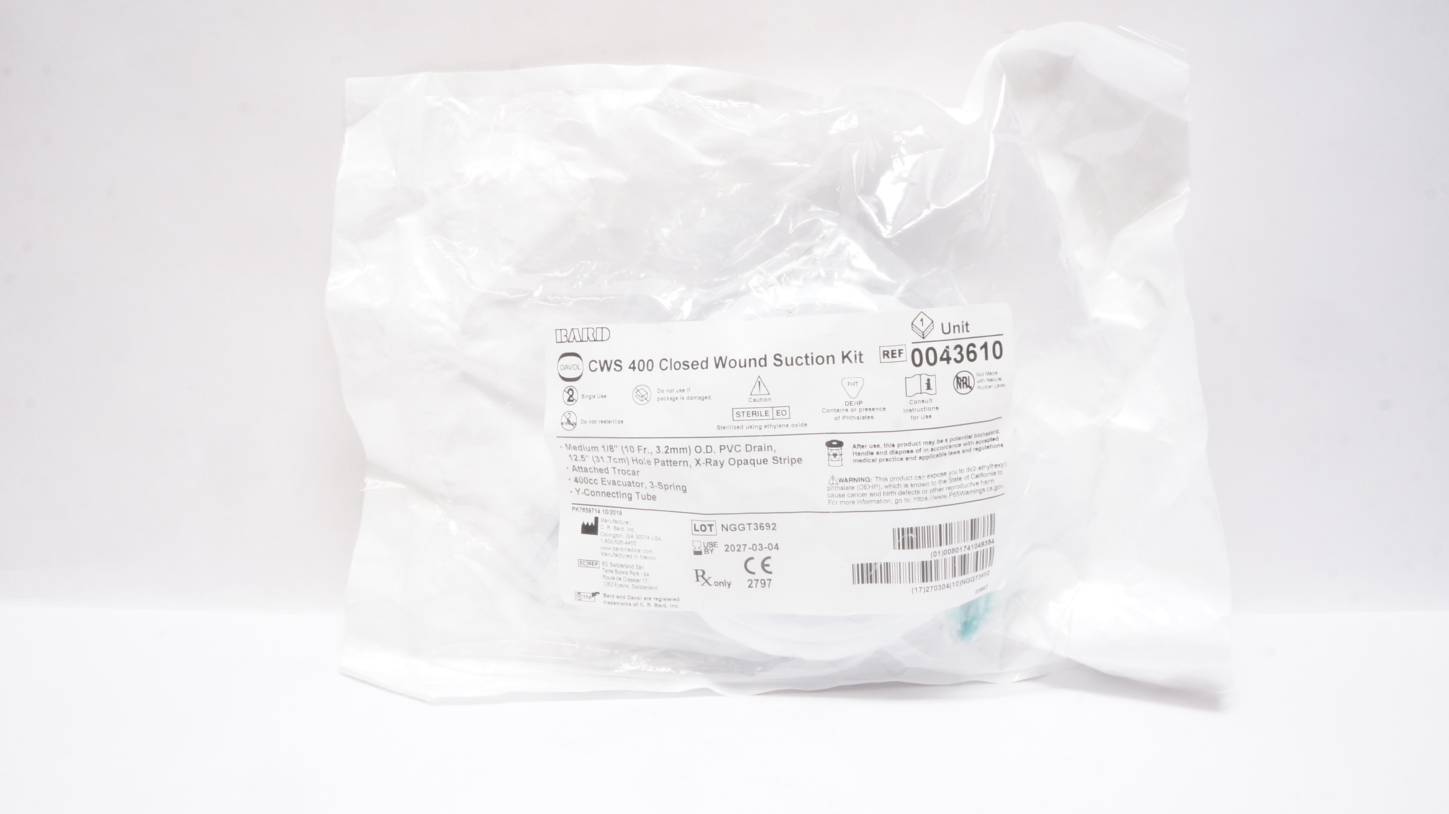 Bard 0043610 Davol CWS 400 Closed Wound Suction Kit