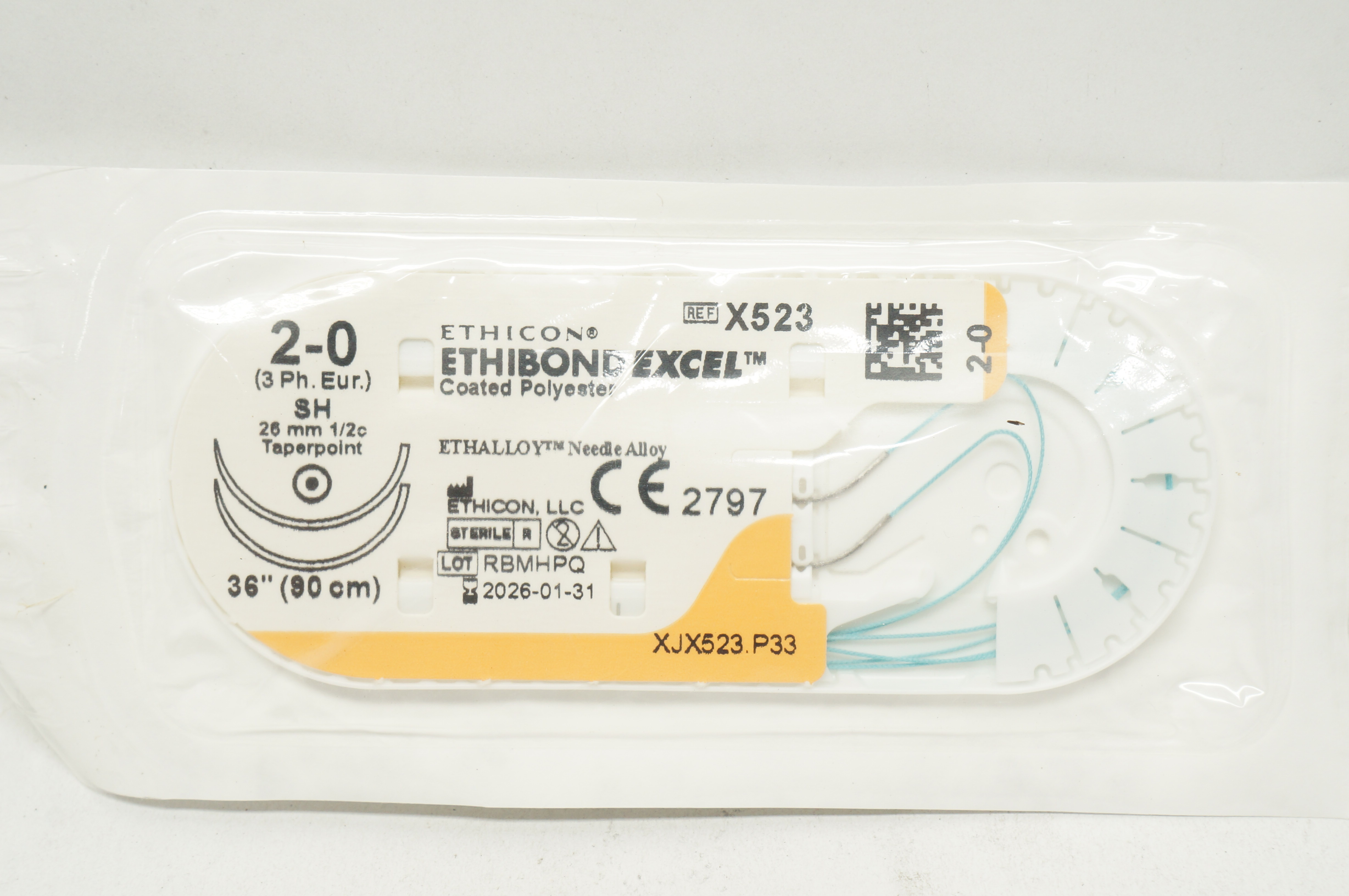 Ethicon X523 2-0 Ethibond Excel Surgical Stre SH 26mm 1/2c Taperpoint, 36inch