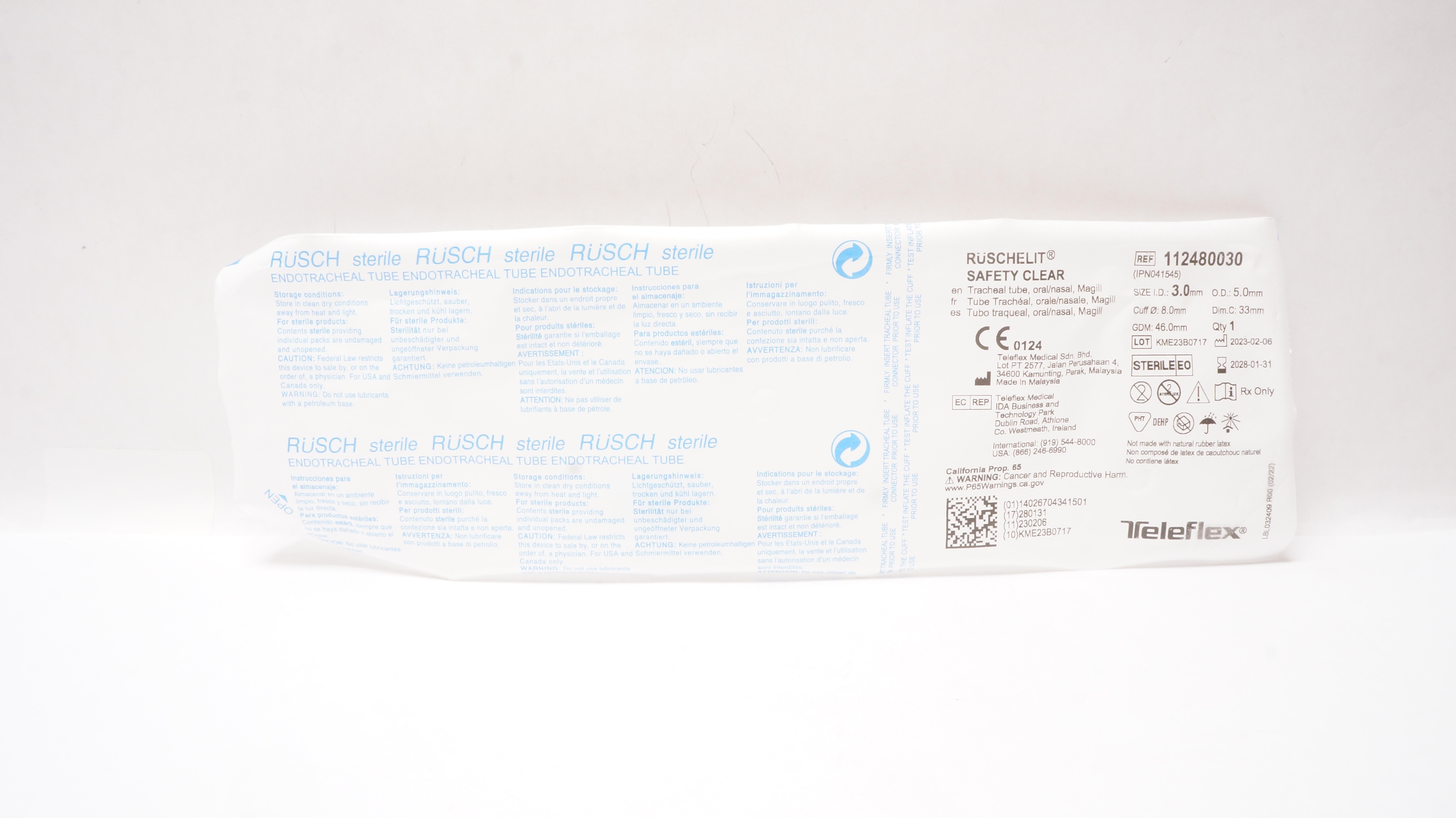 Teleflex 112480030 Ruschelit Oral/Nasal Tracheal Tube 3.0 ID x 5.0 OD x 8.0mm