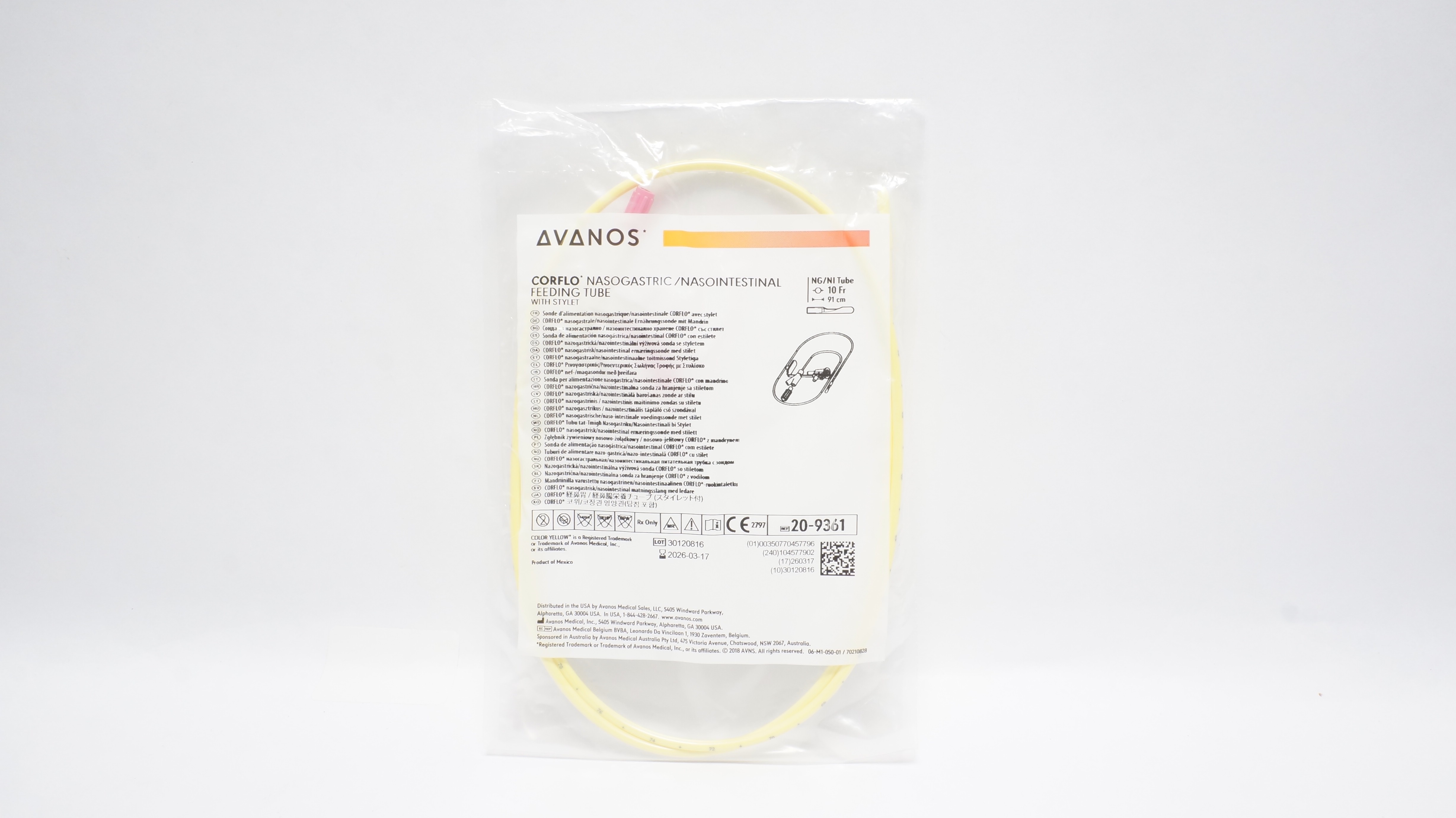 Avanos 20-9361 CORFLO NG/NI Feeding Tube W/Stylet, 10Fr x 91cm (x)