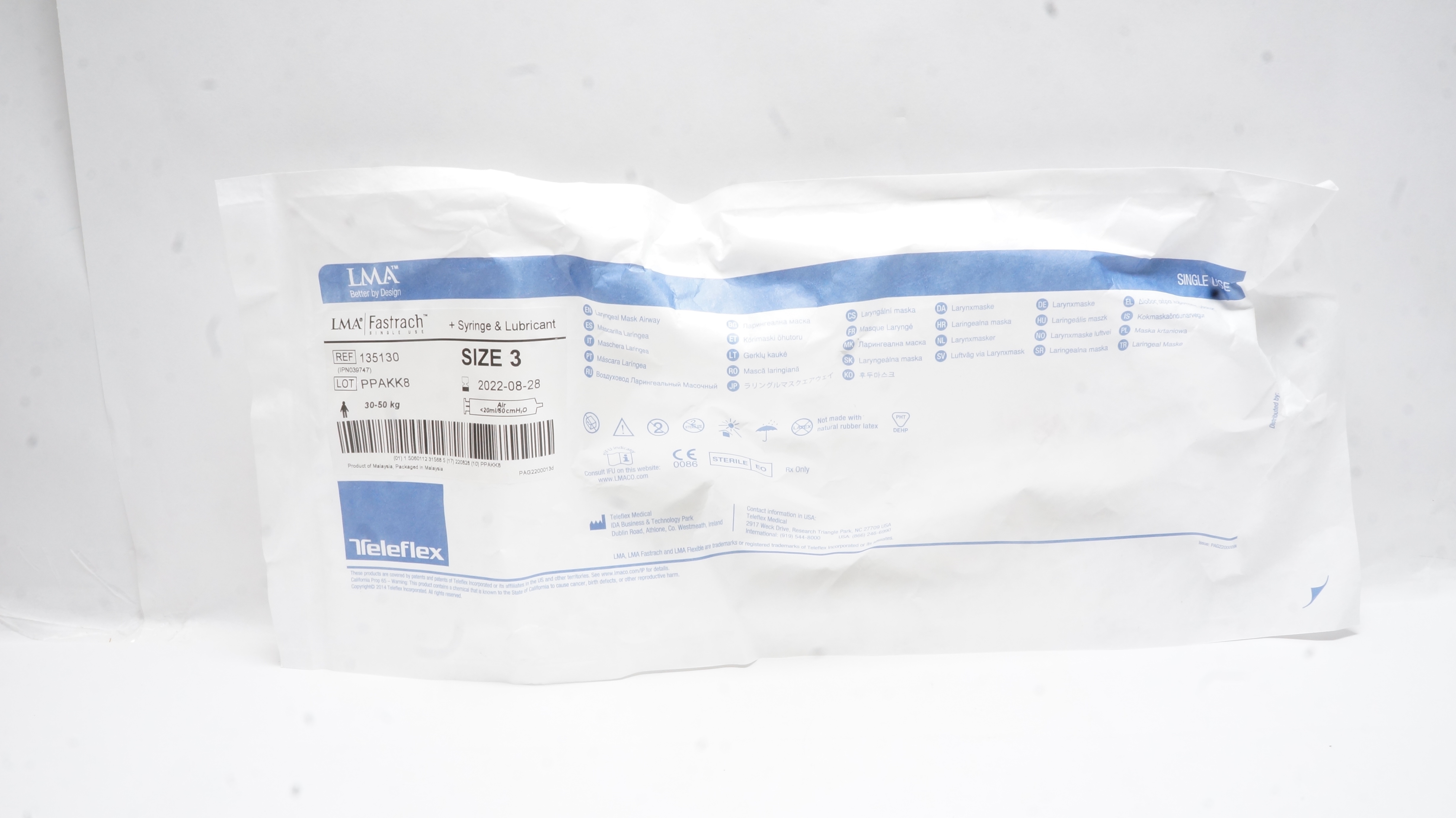 Teleflex 135130 LMA Fastrach Laryngeal Mask, Syringe & Lubricant Size 3 (x)