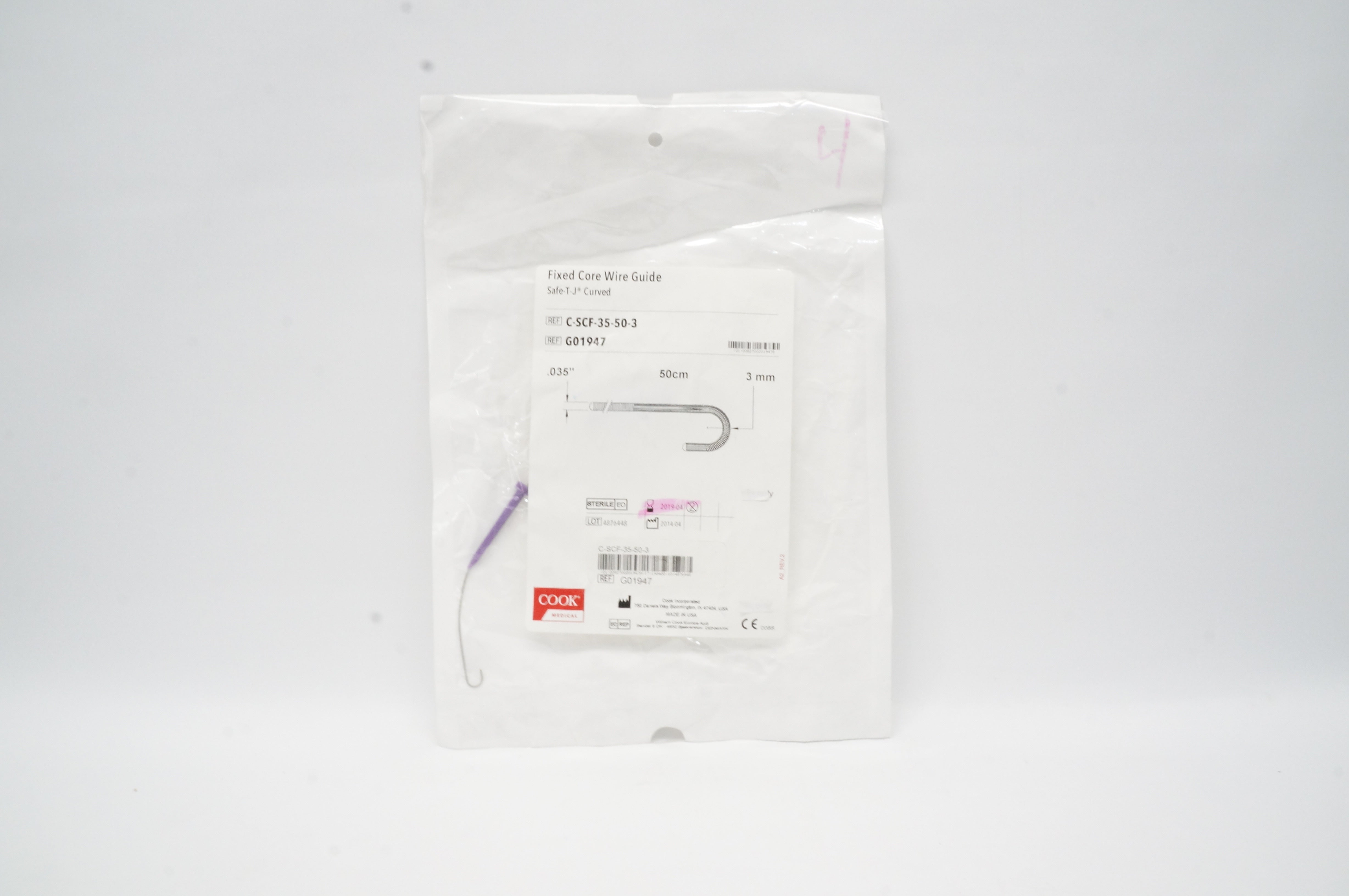 Cook Medical G01947 Fixed Core Wire Guide Safe-T-J Curved .035in x 3mm x 50cm(x)