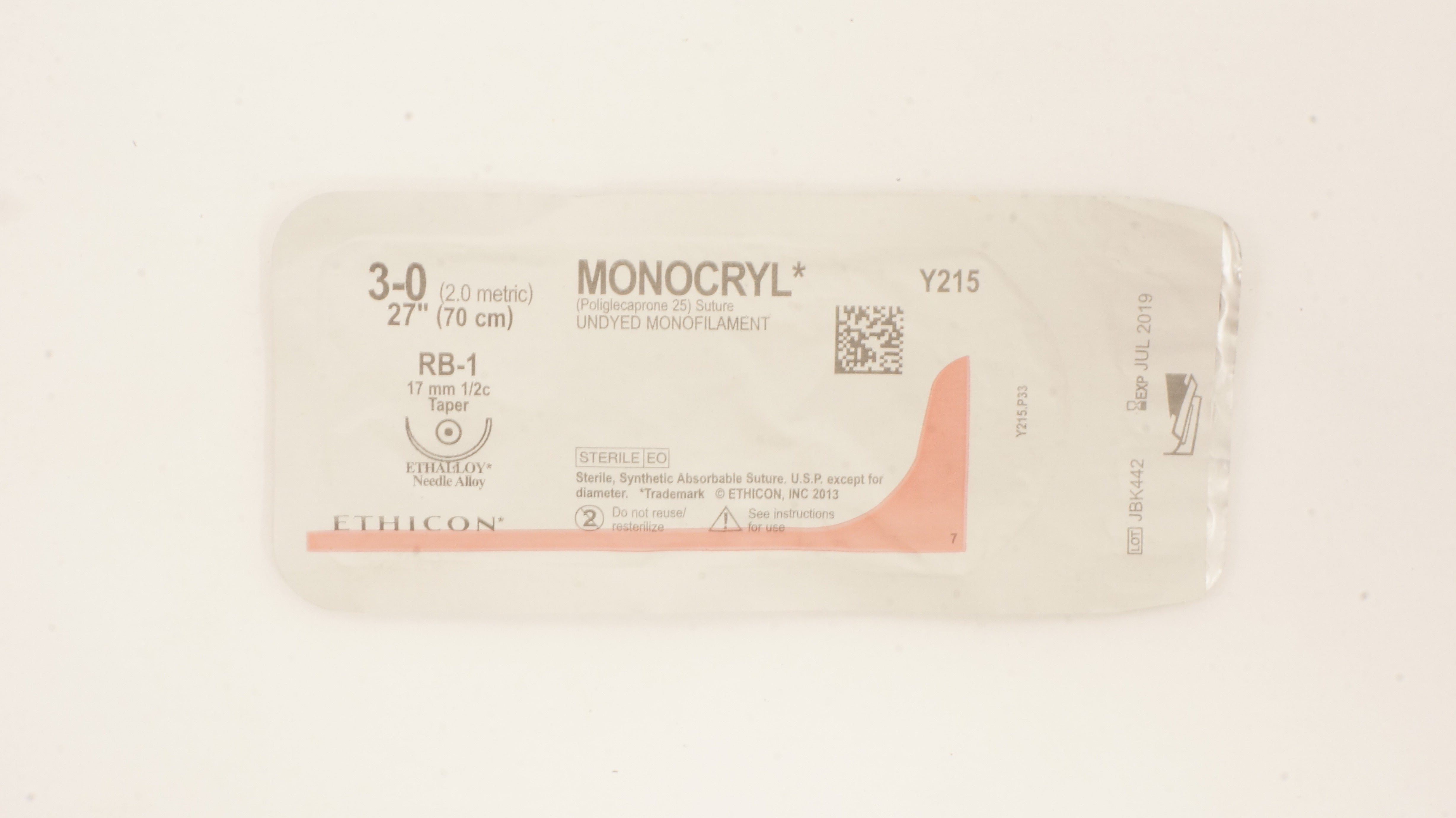Ethicon Y215 3-0 MONOCRYL Synthetic Stre  RB-1 17mm 1/2c Taper, 27 inch (x)
