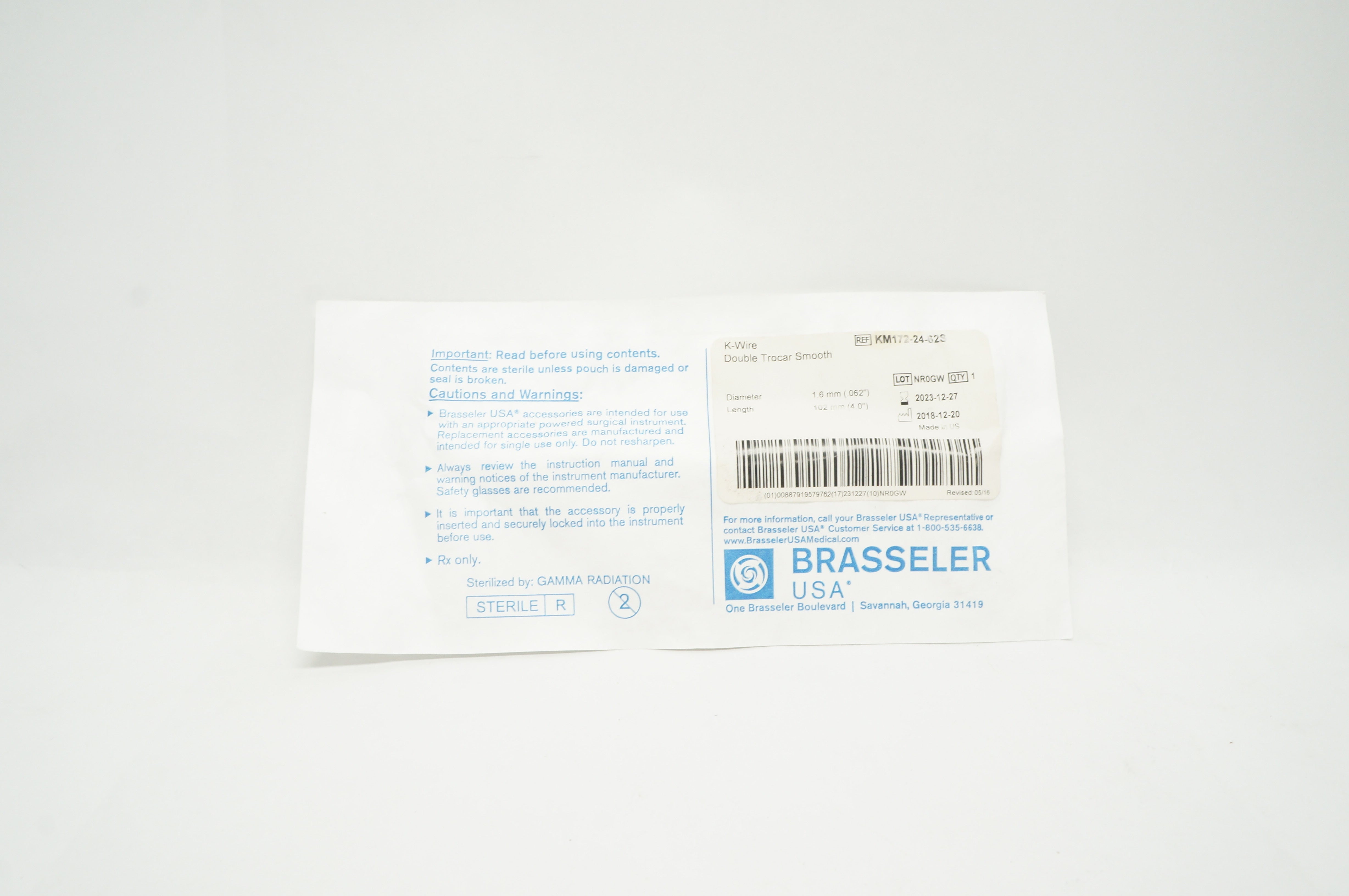Brasseler KM172-24-62S K-Wire Double Trocar Smooth 0.062inch x 4.0inch