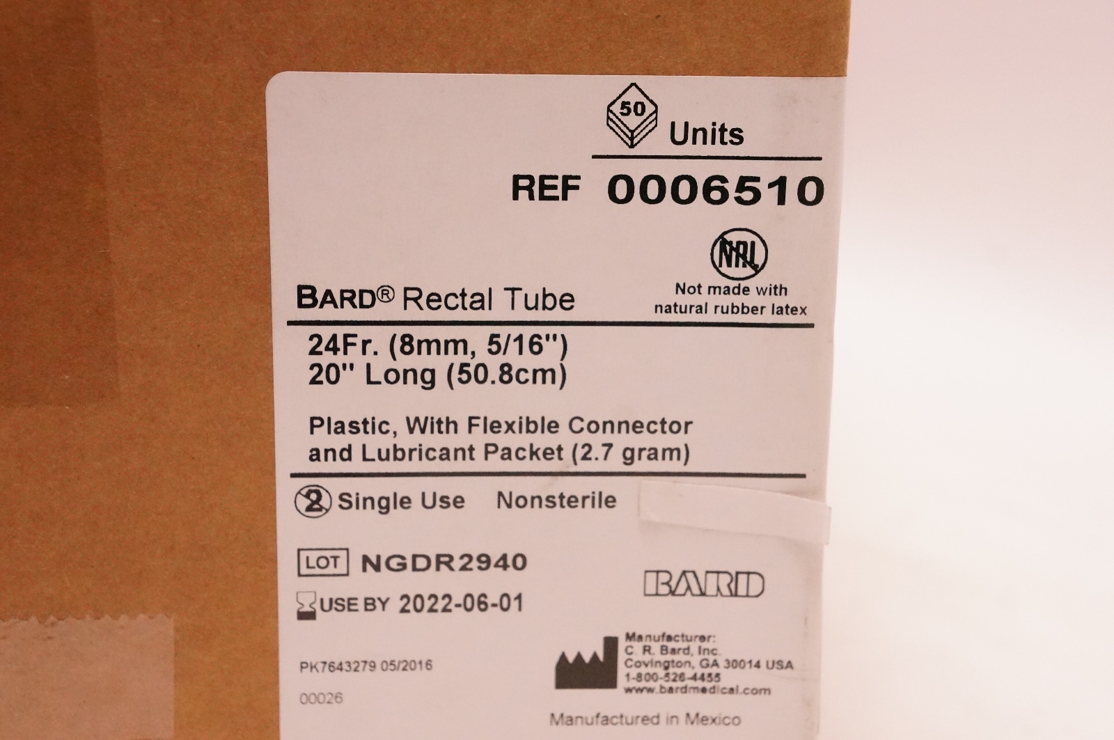 Bard 0006510 Rectal Tube 24Fr. x 20inch - Box of 50