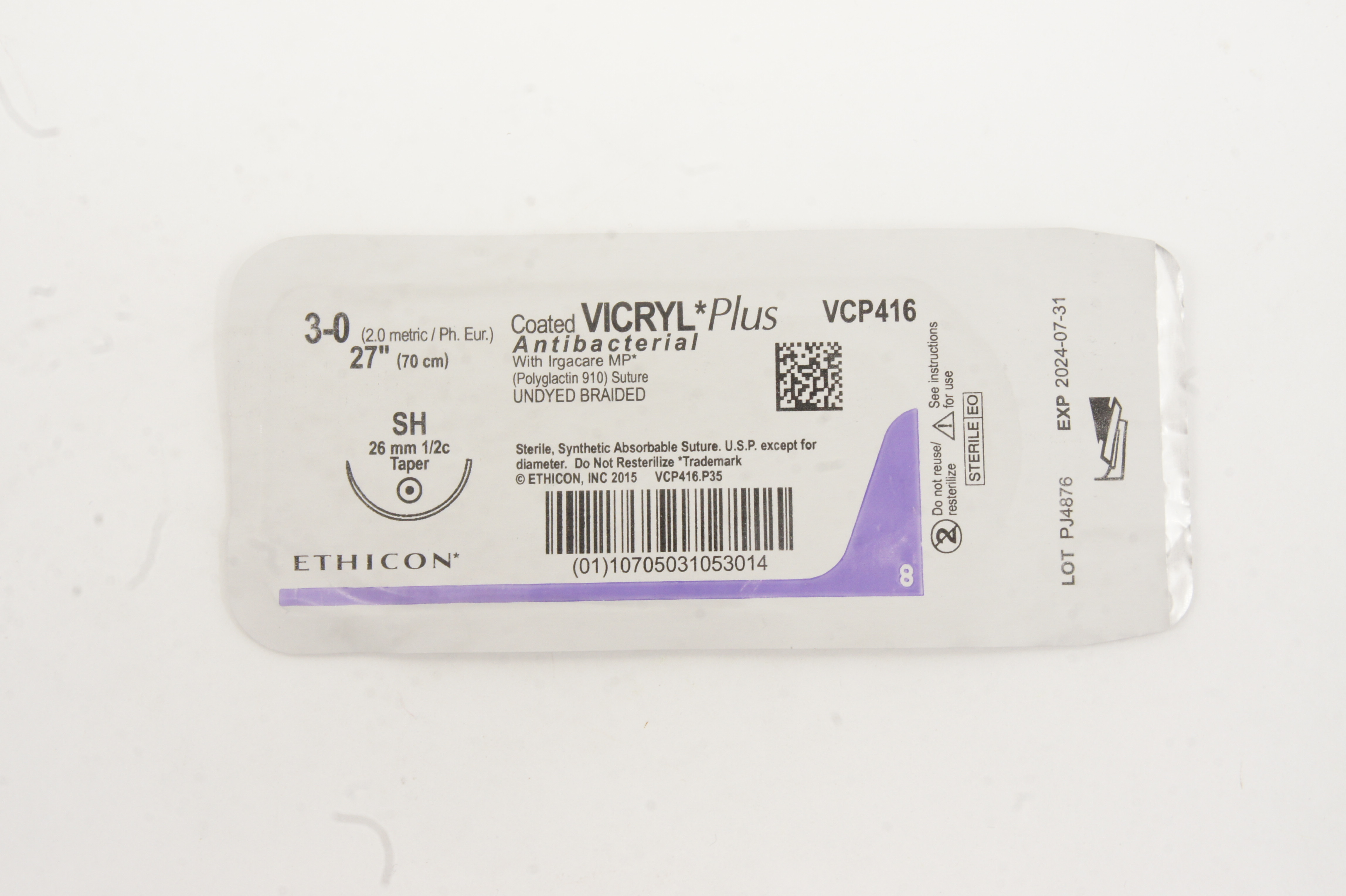 Ethicon VCP416 3-0 VICRYL Plus, SH, 26mm 1/2c Taper, 27inch