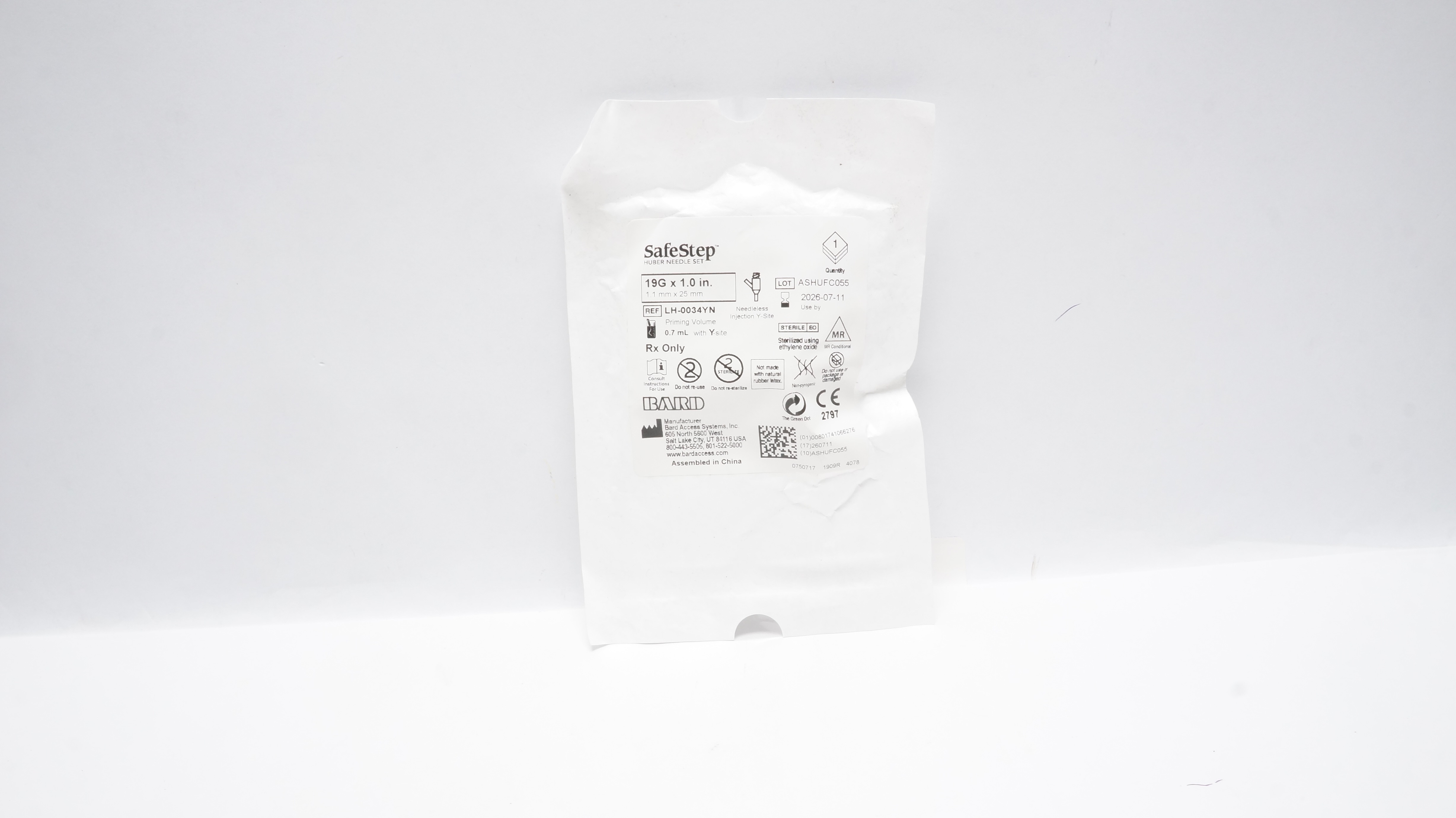 Bard LH-0034YN SafeStep Huber Ndle Set 19G x 1.0inch Priming Volume 0.7mL