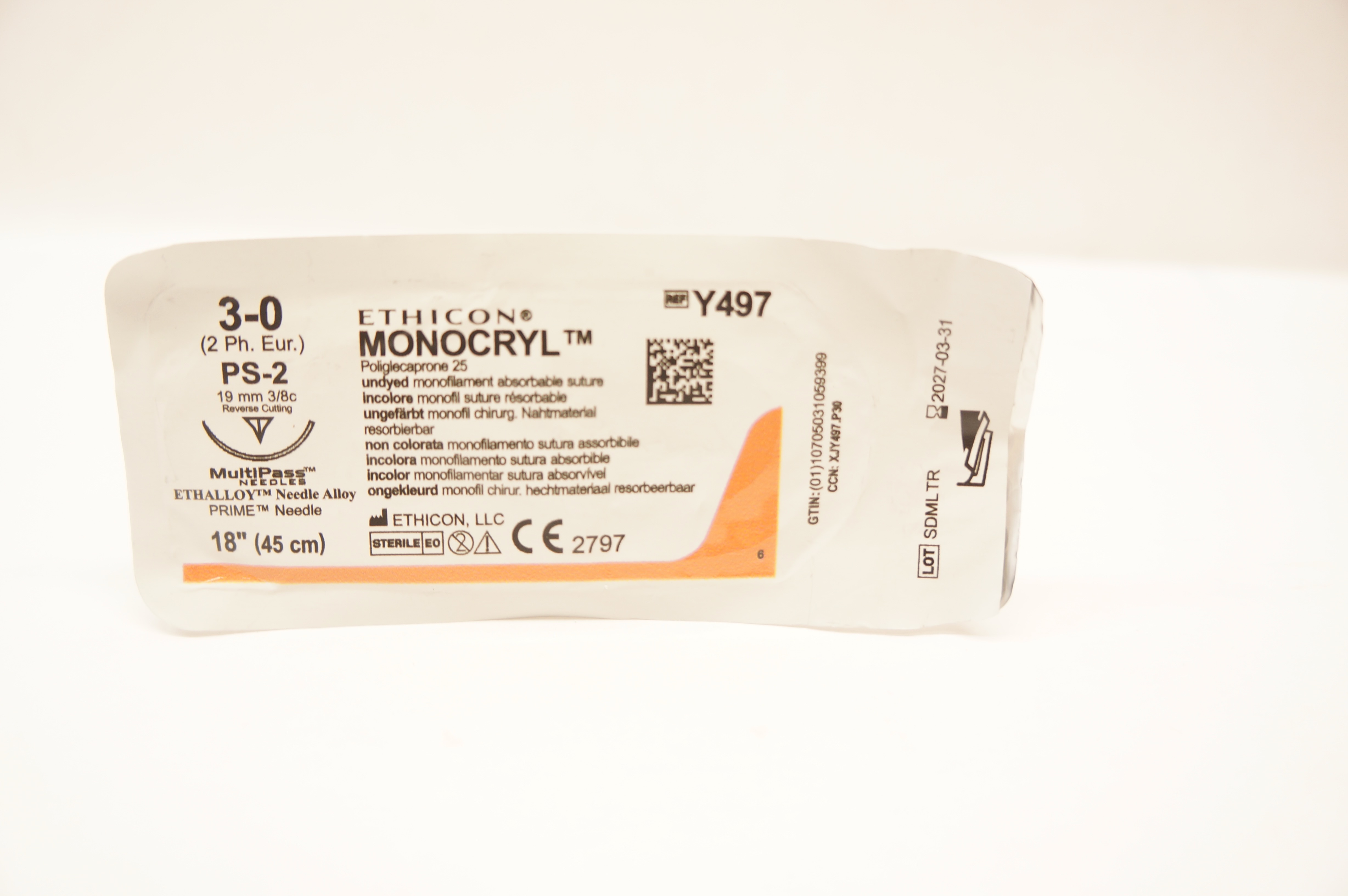 Ethicon Y497 3-0 MONOCRYL Stre PS-2 19mm 3/8c Reverse Cutting 18inch
