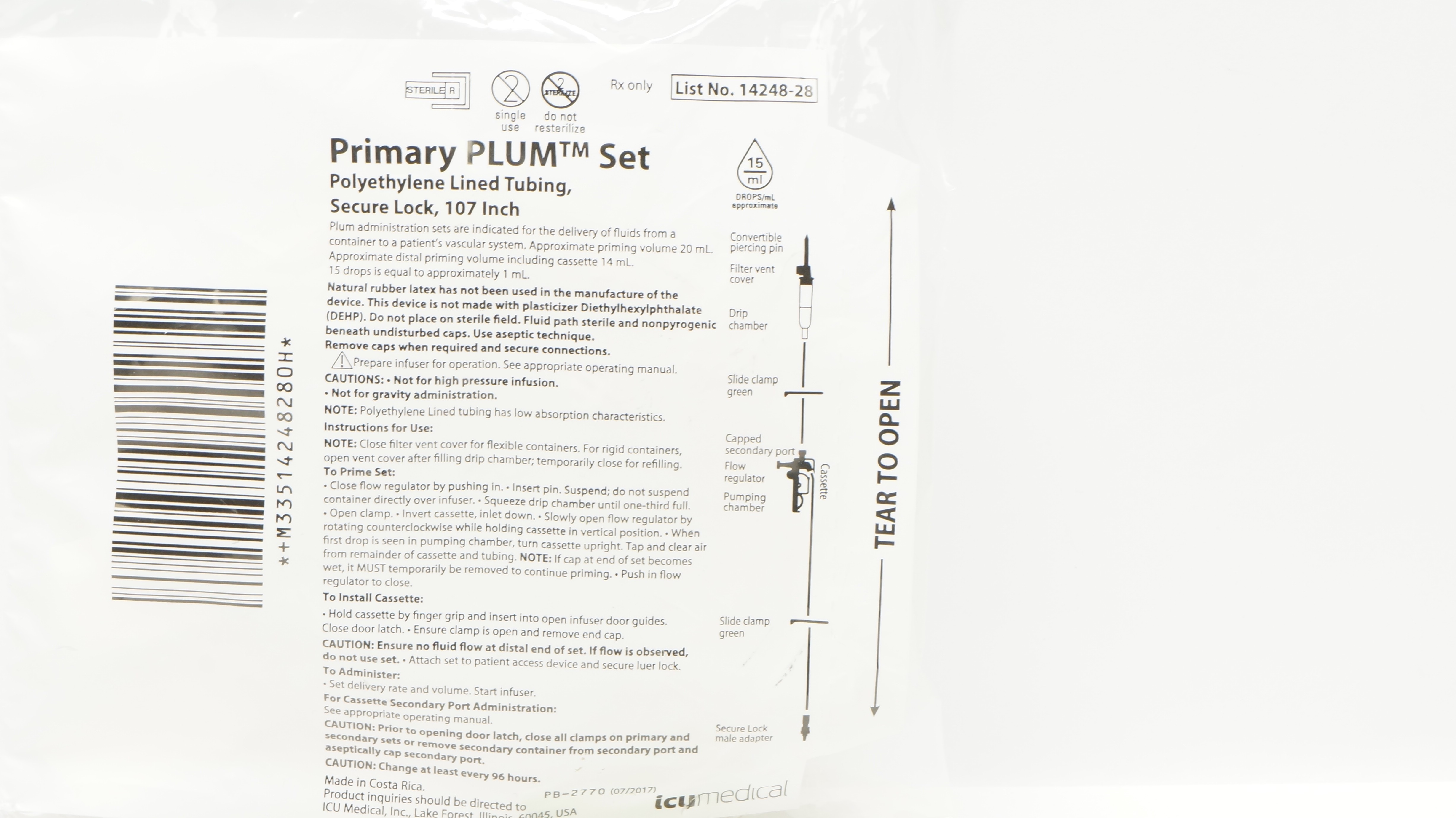 ICU Medical 14248-28 Primary Plum Set Polyethylene Lined Tubing 107inch 15mL