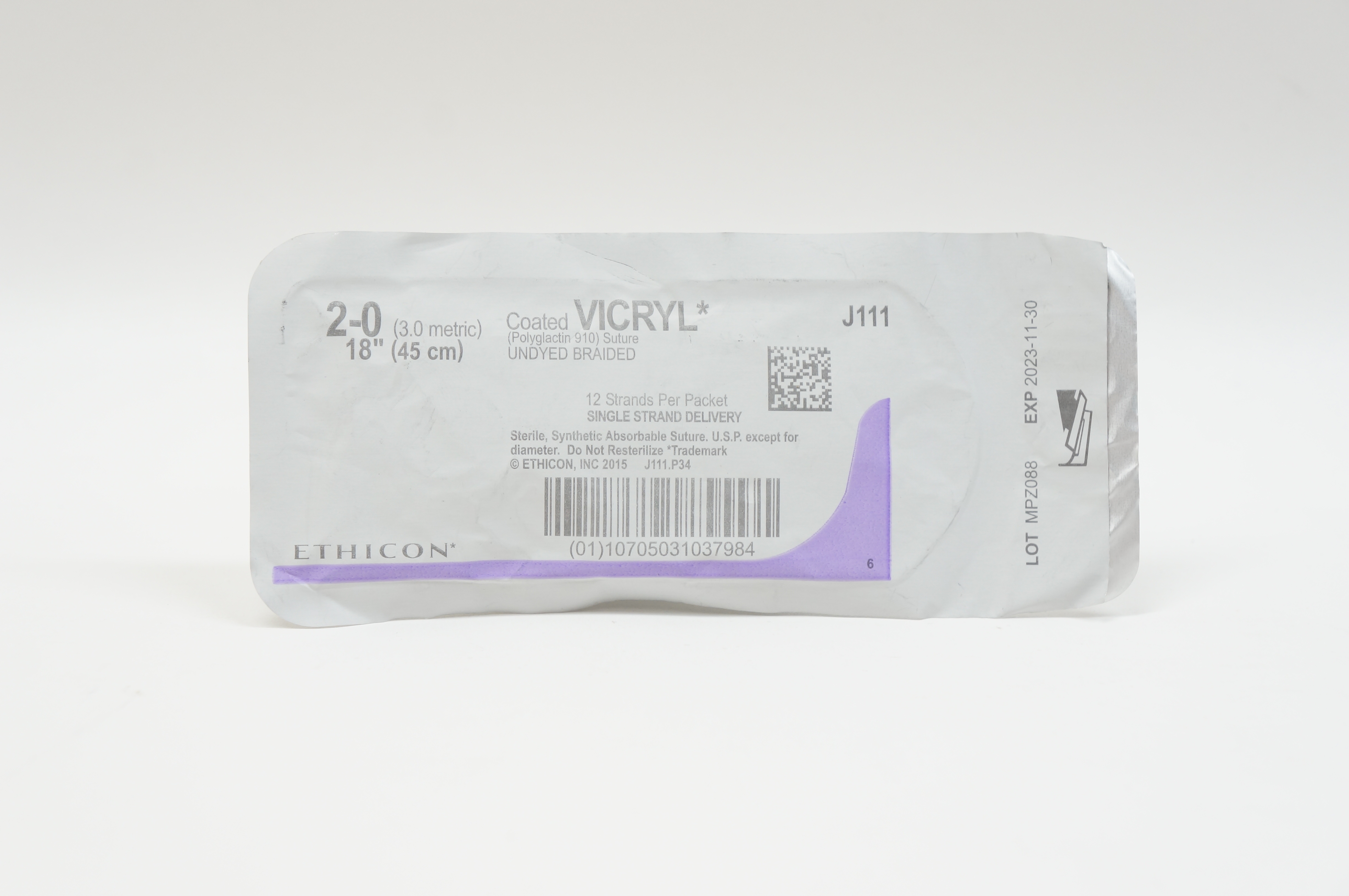 Ethicon J111 2-0 VICRYL, Undyed Braided, 18inch