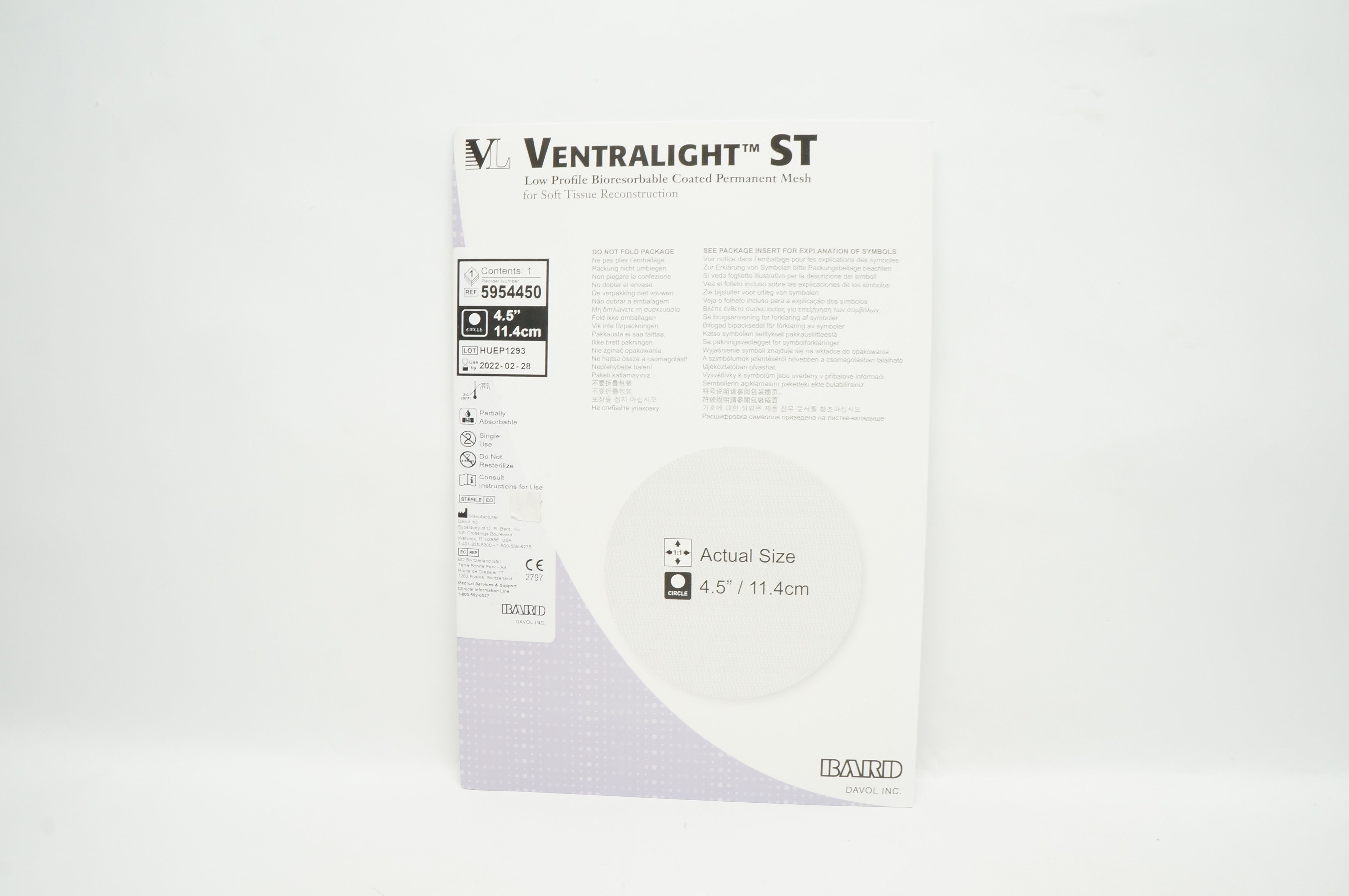 Bard 5954450 Ventralight ST Coated Permanent Mesh, Circle 4.5 x 11.4 inch