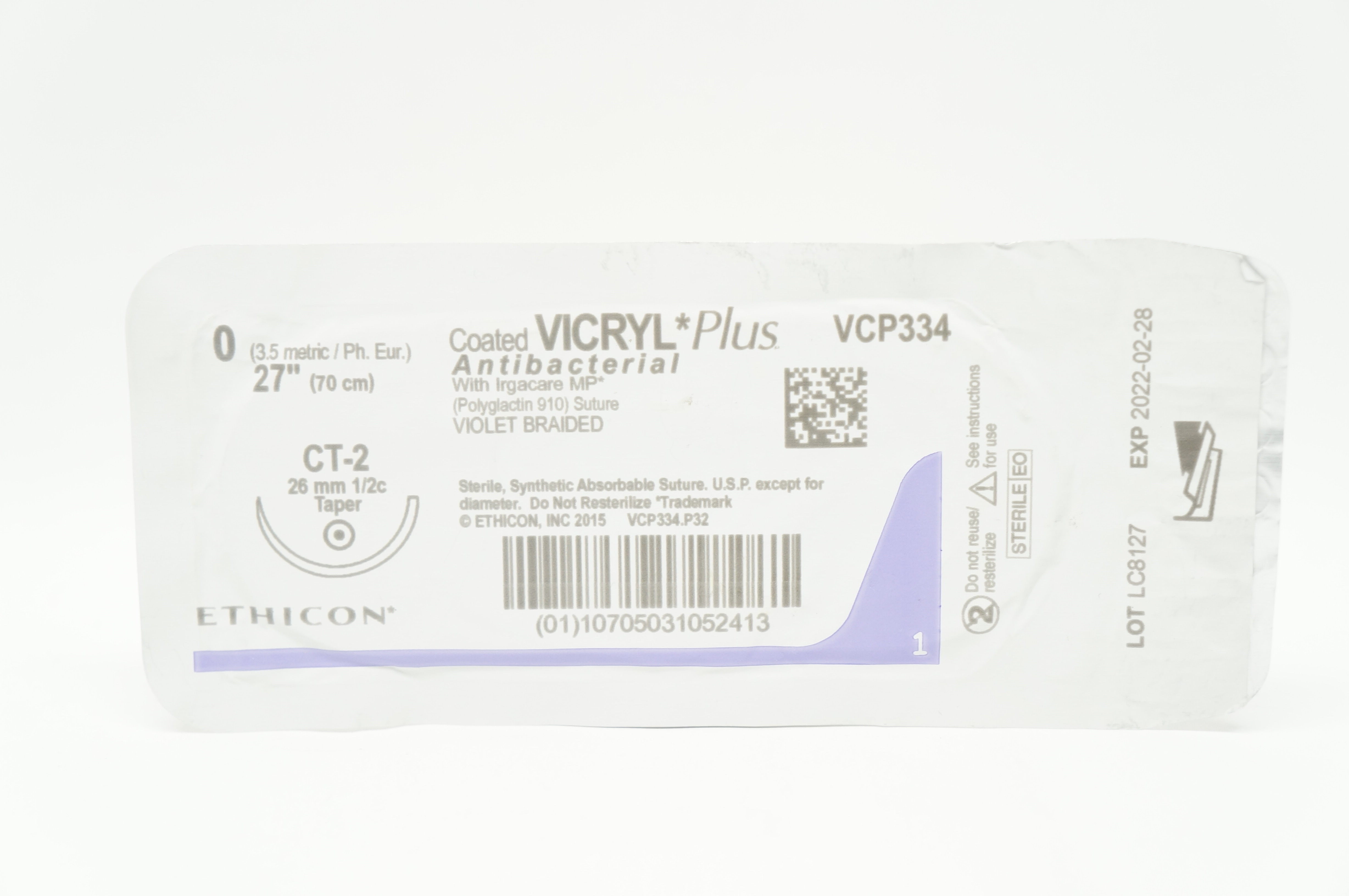 Ethicon VCP334 0 VICRYL PLUS, CT-2, 26mm 1/2c Taper, 27 inch