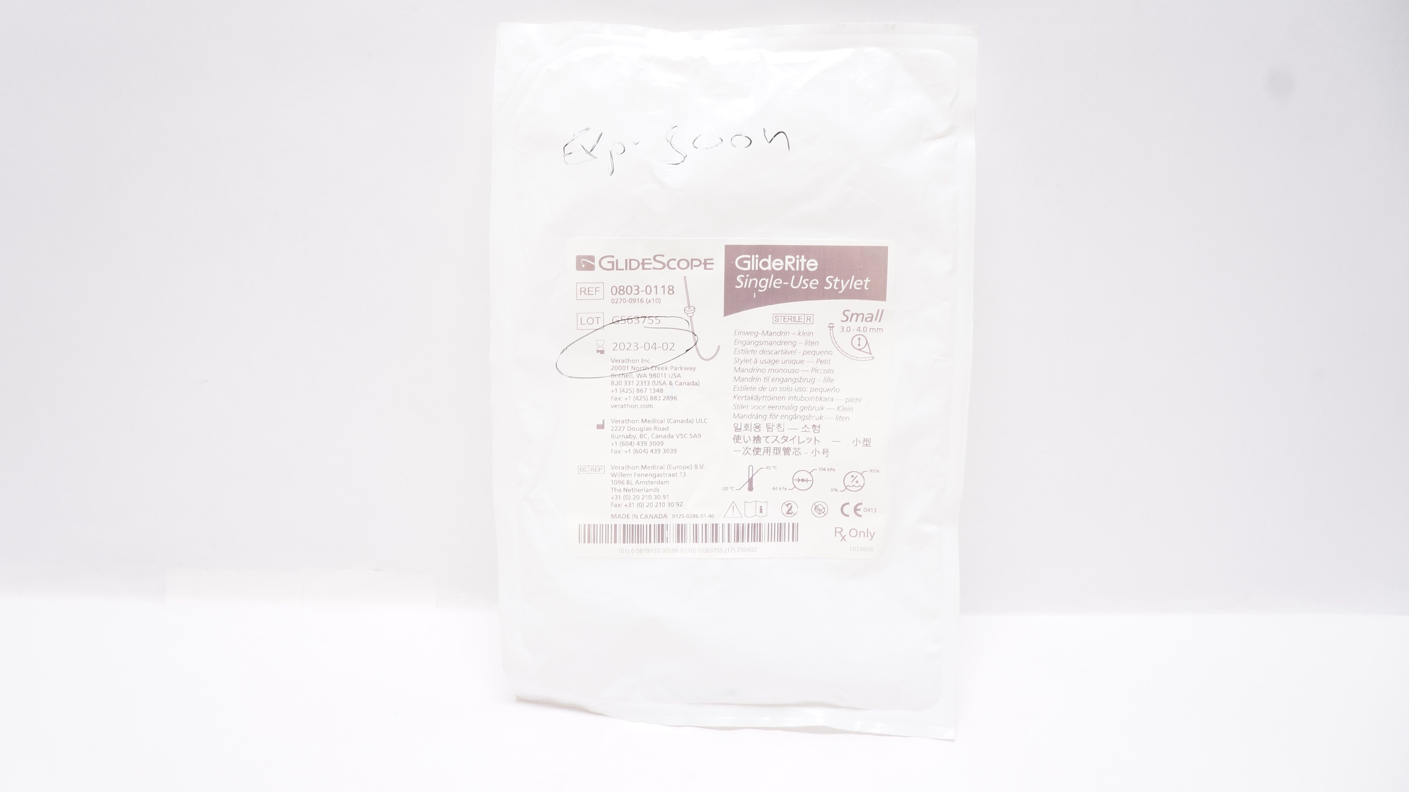 Verathon 0803-0118 GlideScope GlideRite Single-Use Stylet Small 3.0 - 4.0mm (x)