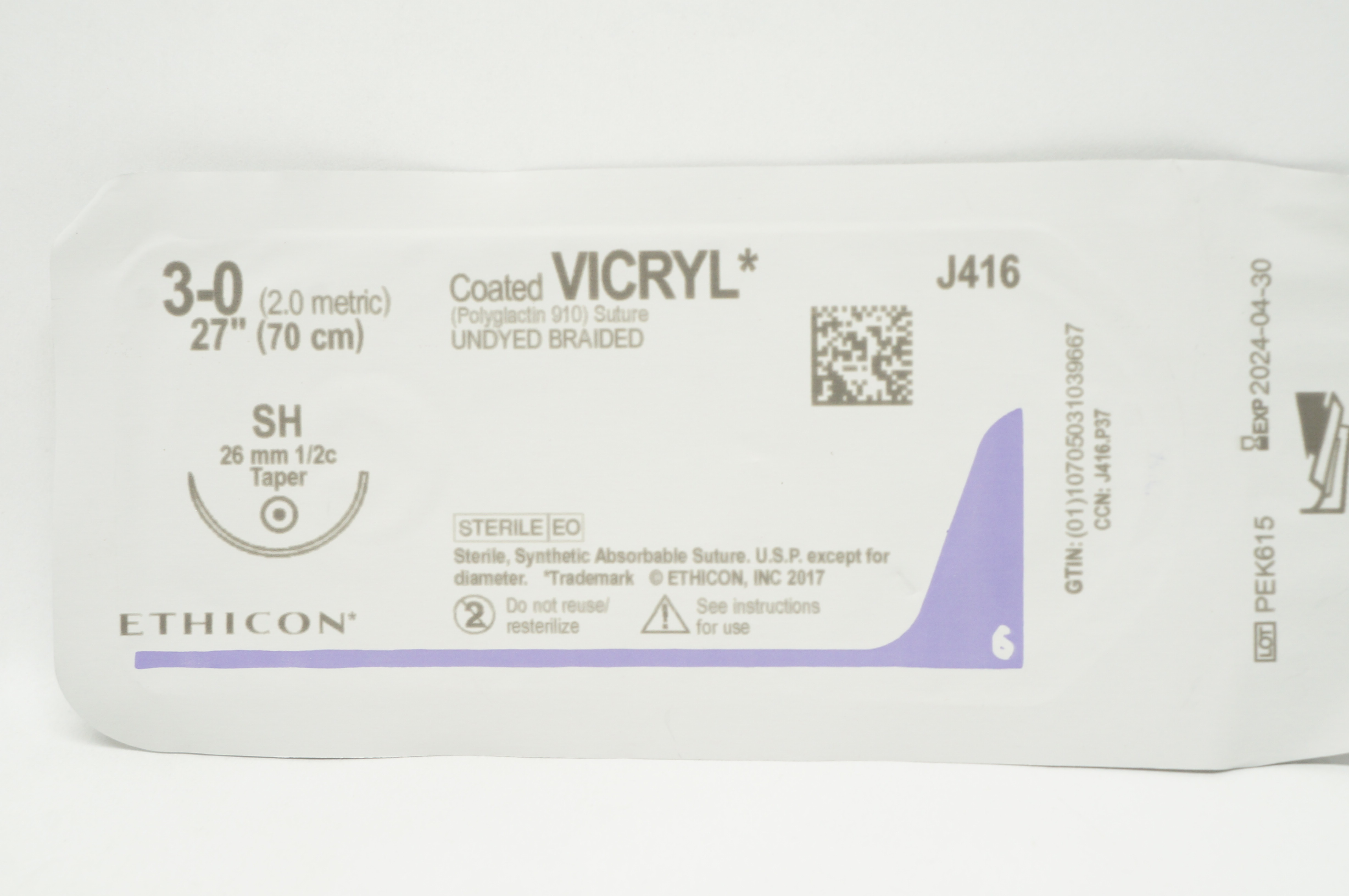 Ethicon J416 3-0 Coated VICRYL Stre, SH 26mm 1/2c Taper, 27inch