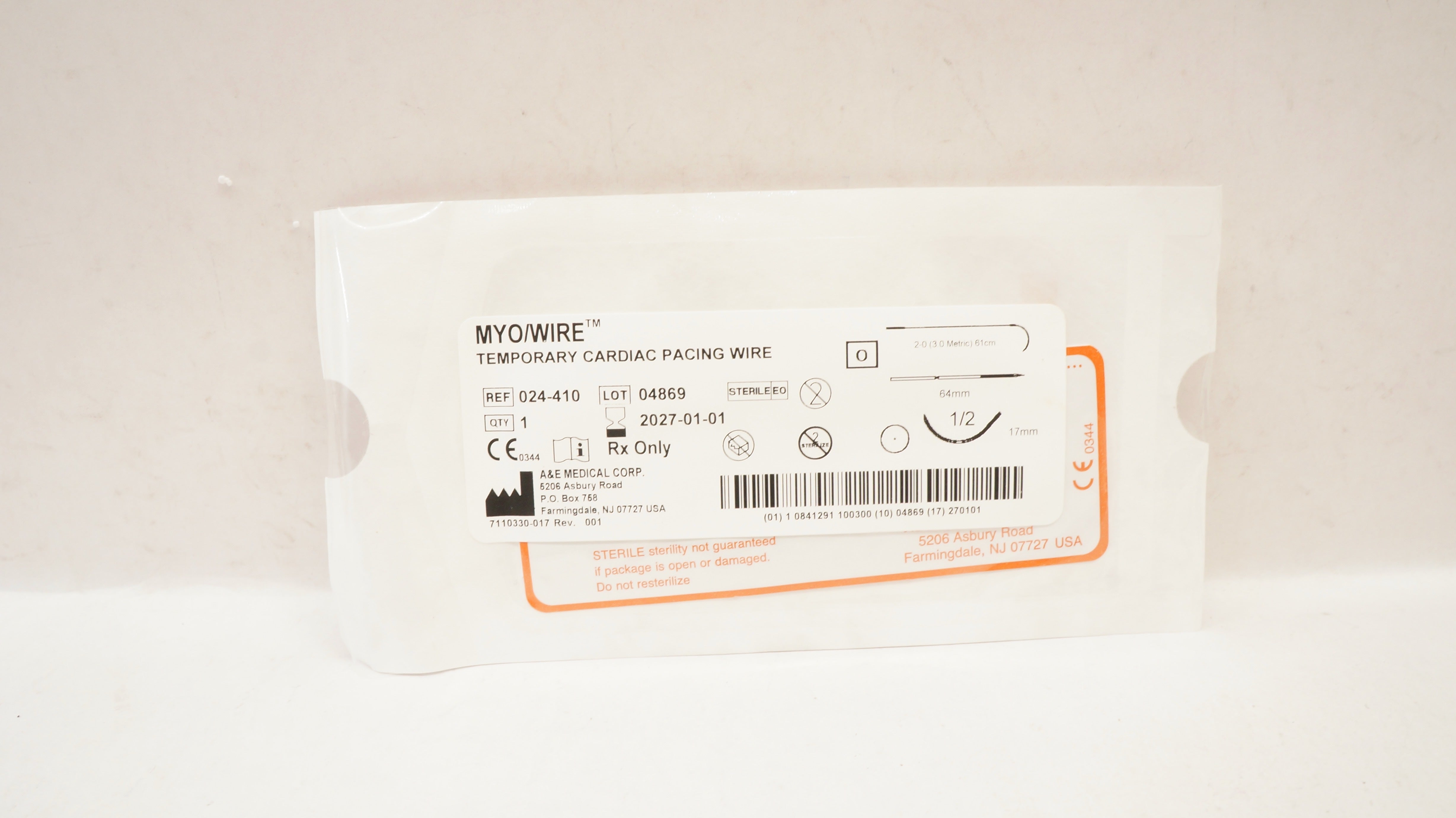 A&E Medical 024-410 2-0 MYO/Wire Temporary Cardiac Pacing Wire 64mm x 1/2 x 17mm
