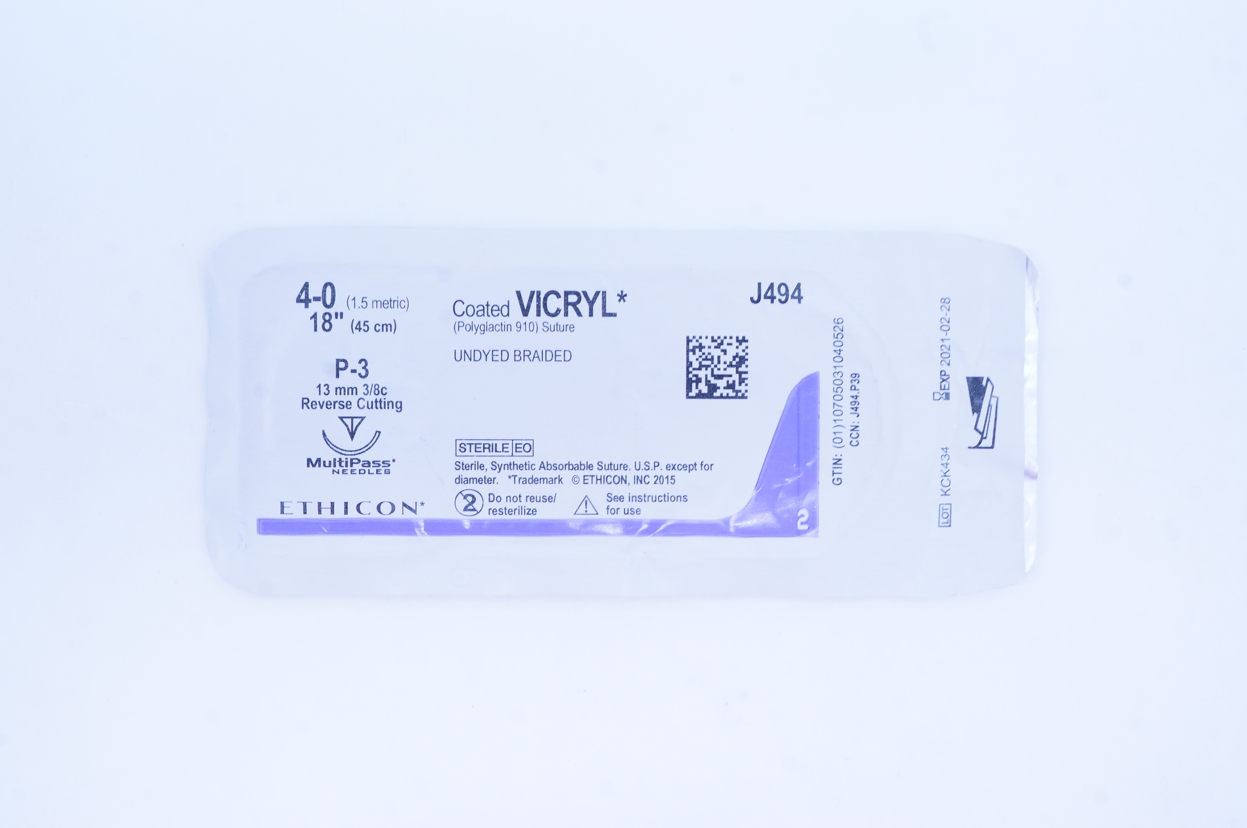 Ethicon J494 4-0 Coated VICRYL P-3 13mm 3/8c Reverse Cutting, 18inch