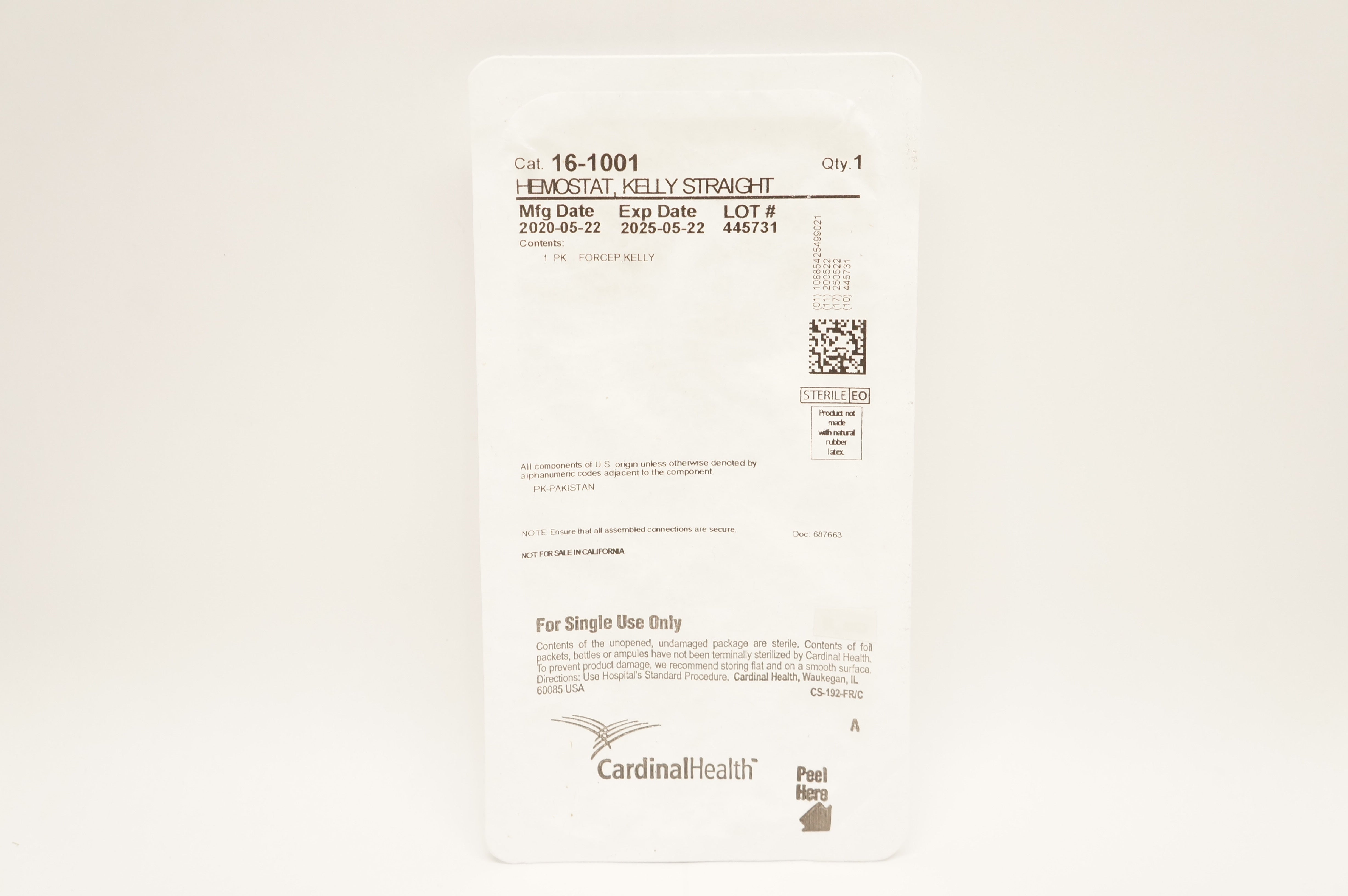 Cardinal Health 16-1001 Hemostat, Kelly Straight, Sterile