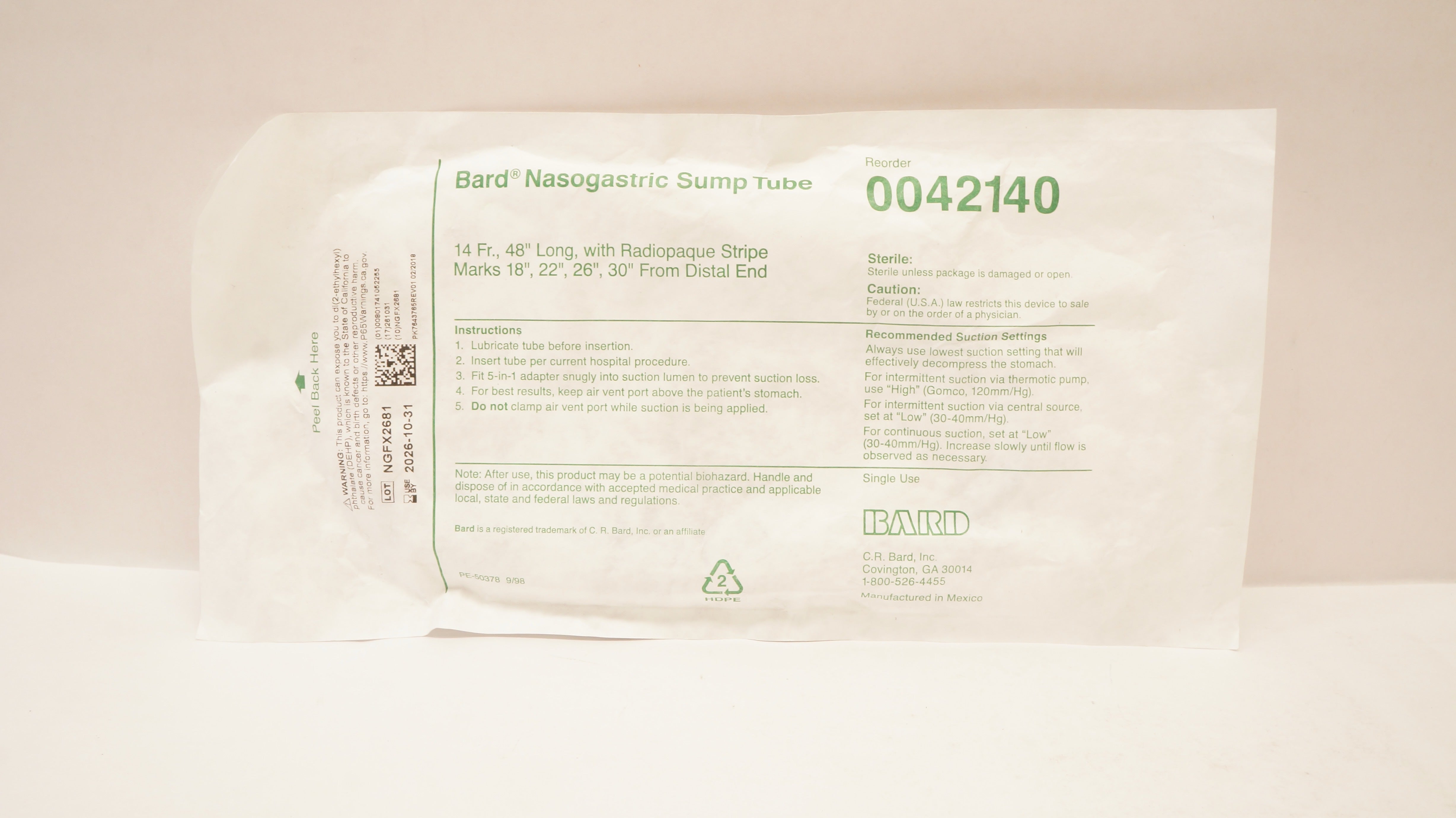 Bard 0042140 Nasogastric Sump Tube with Radiopaque Stripe Marks 14Fr x 48inch