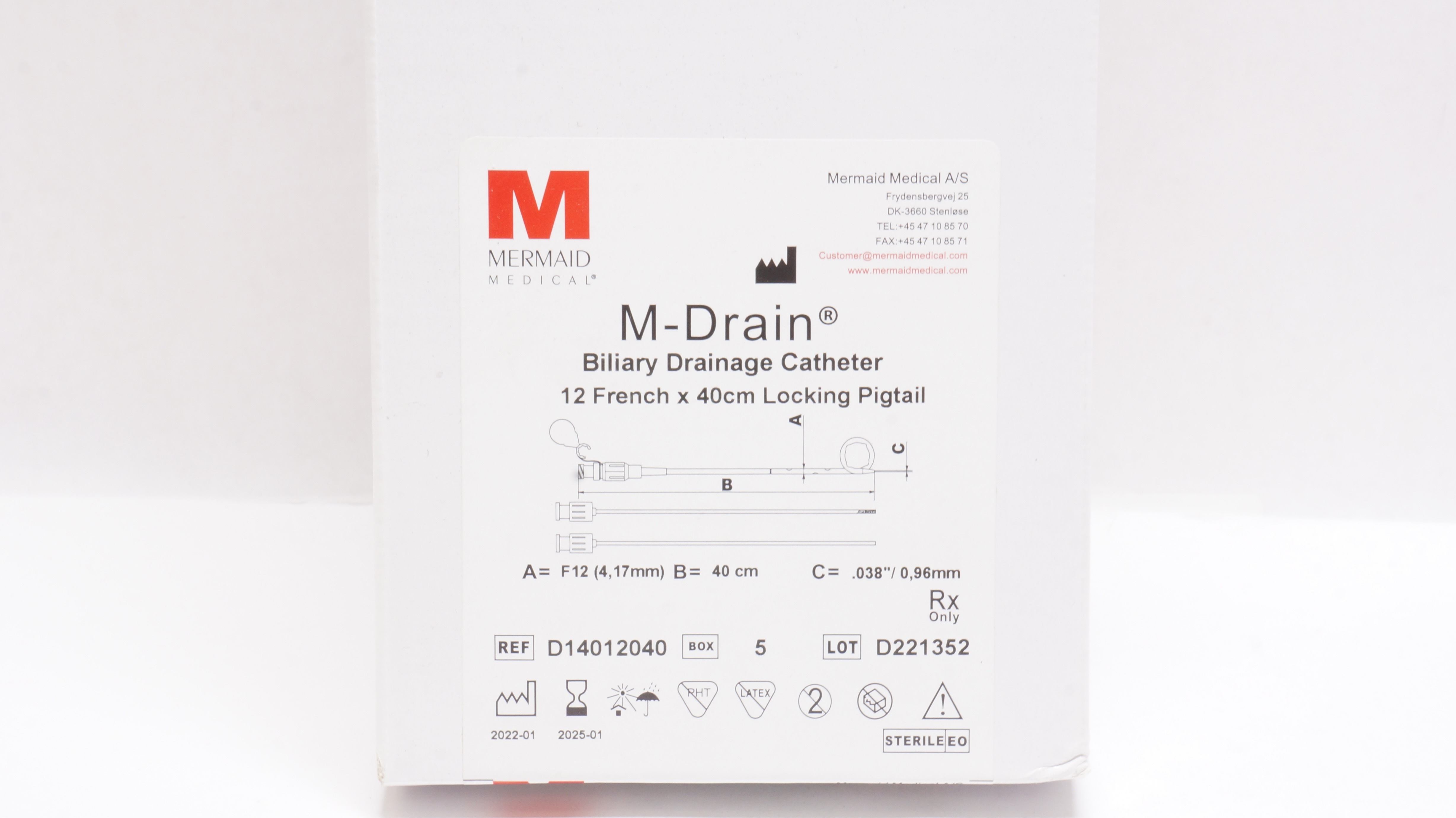 Mermaid Medical D14012040 M-Drain Biliary Drainage Cath. 12Fr x 40cm - Box of 5