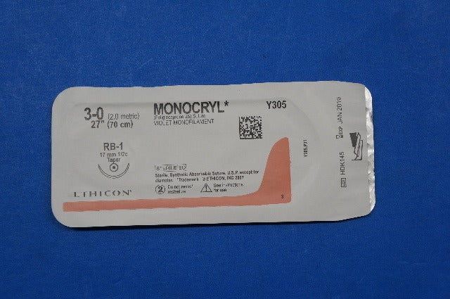Ethicon Y305 3-0 MONOCRYL, RB-1 17mm 1/2c Taper, Violet Monofilament, 27inch