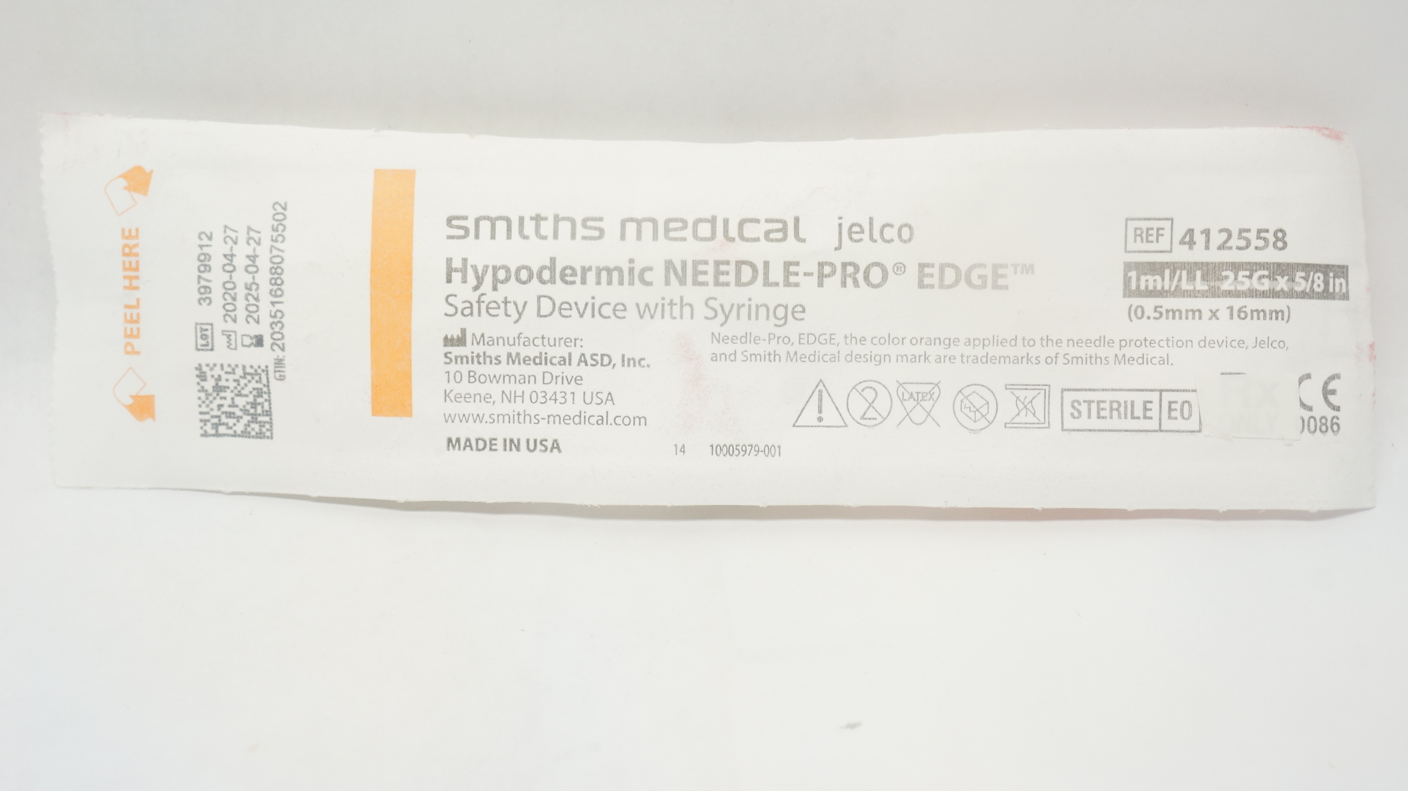 Smiths Medical 412558 JELCO Hypodermic Ndle.-Pro Edge Safety Device