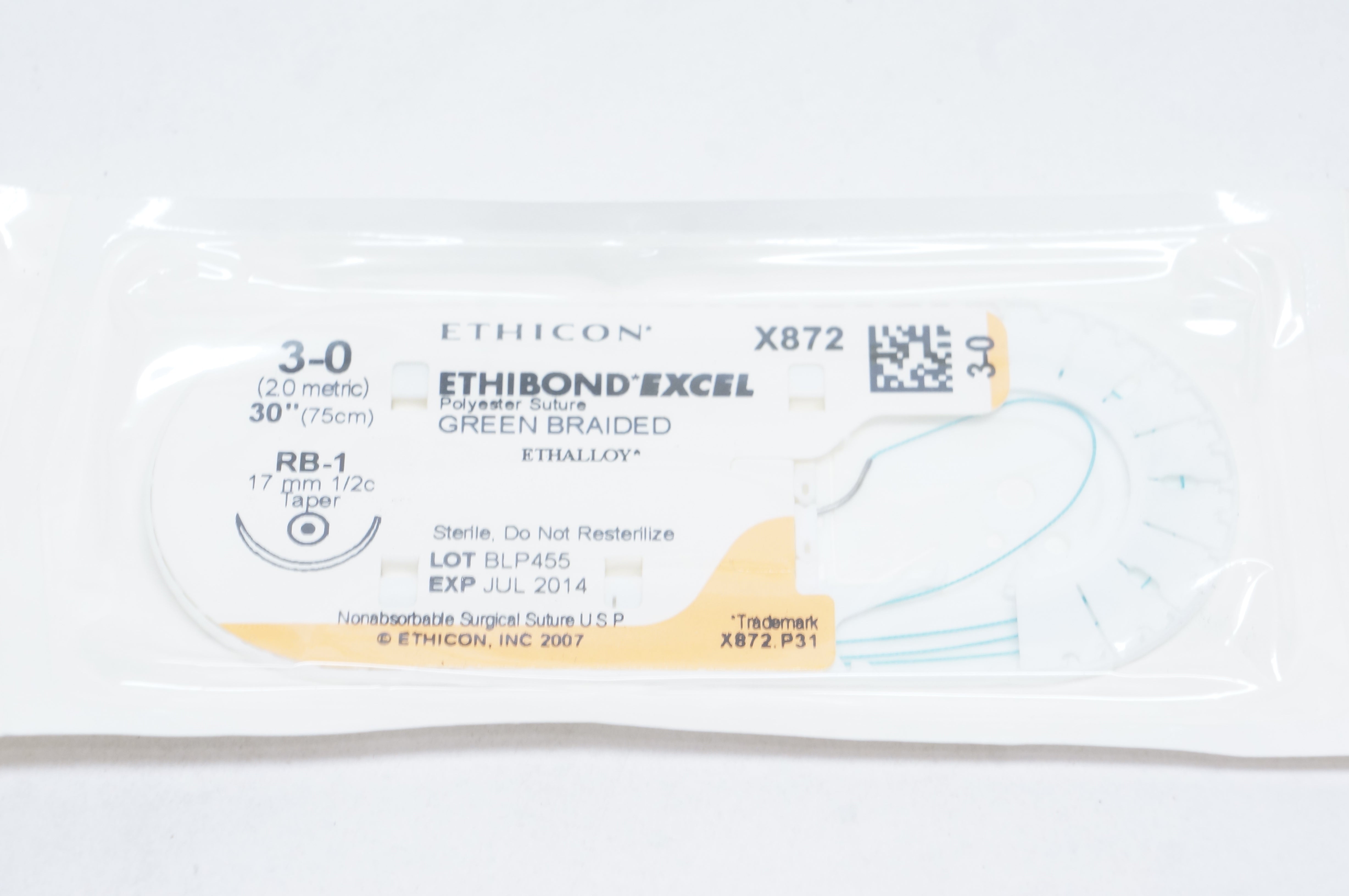 Ethicon X872 3-0 ETHIBOND EXCEL, RB-1, 17mm 1/2c Taper, 30inch (x)