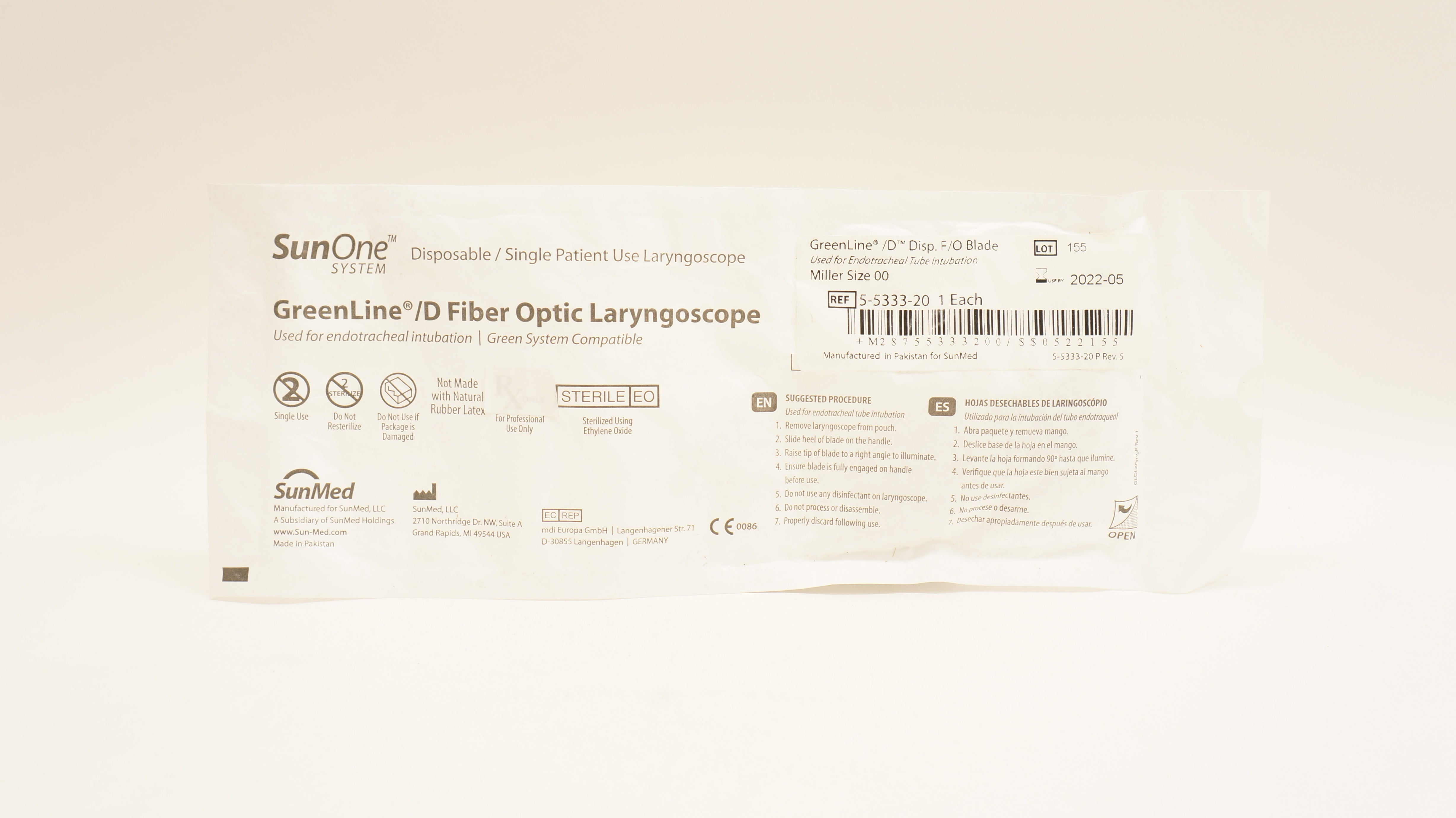 SunMed 5-5333-20 GreenLine/D Fiber Optic Laryngoscope Blade, Miller Size 00