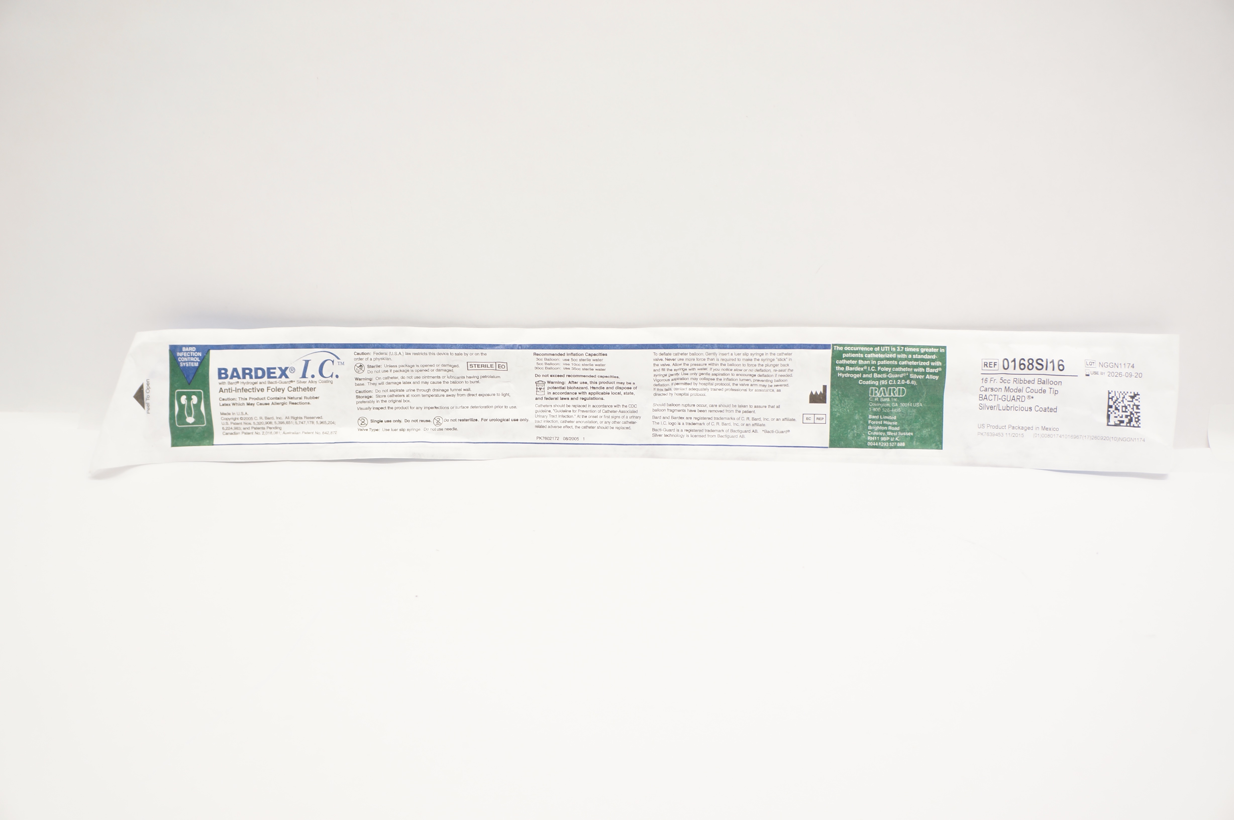 Bard 0168SI16 Bardex I.C. Anti-Infective Foley Cath. 16Fr 5cc Ribbed Balloon