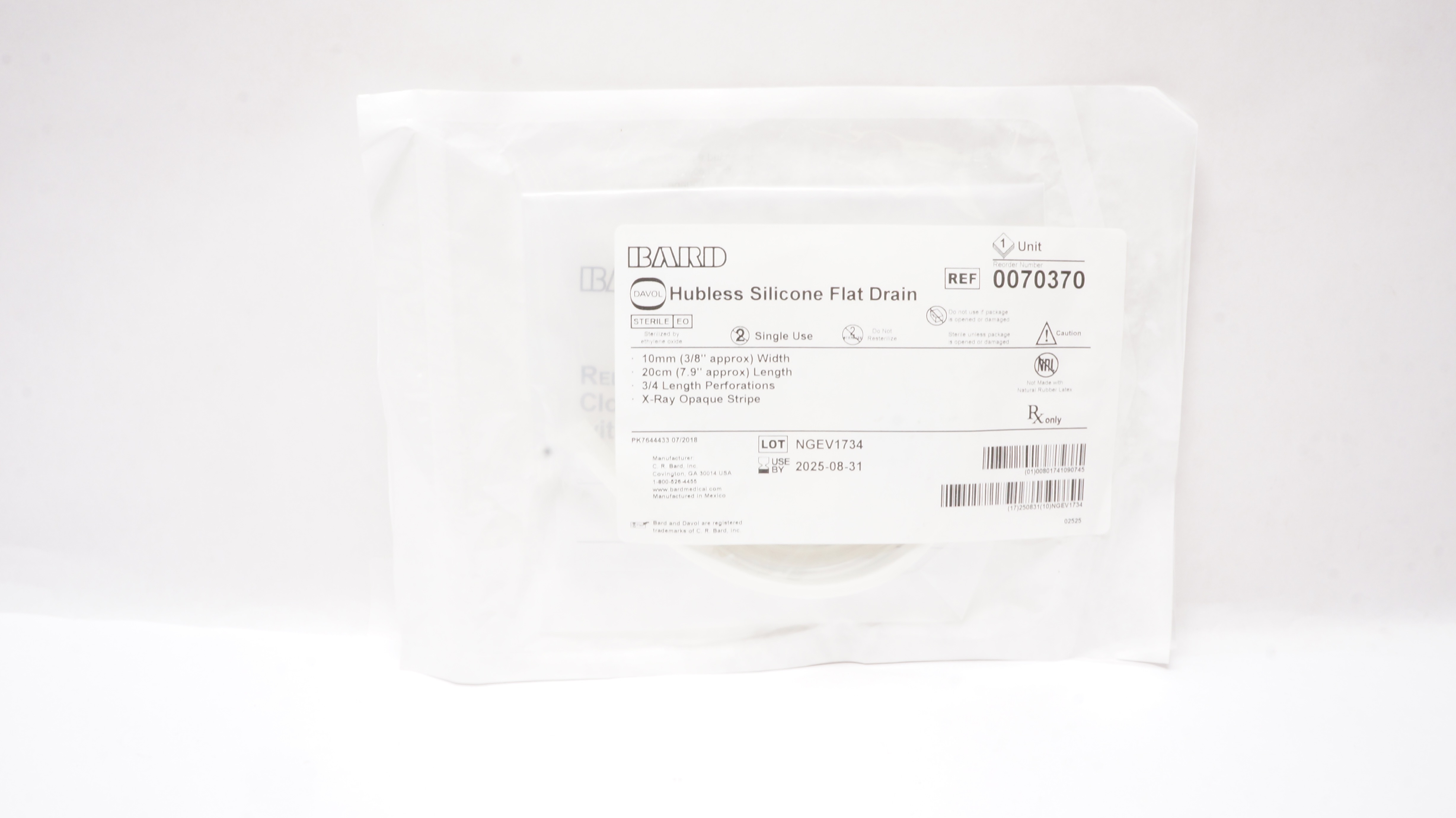Bard 0070370 Davol Hubless Silicone Flat Drain 3/8 inch x 7.9 inch