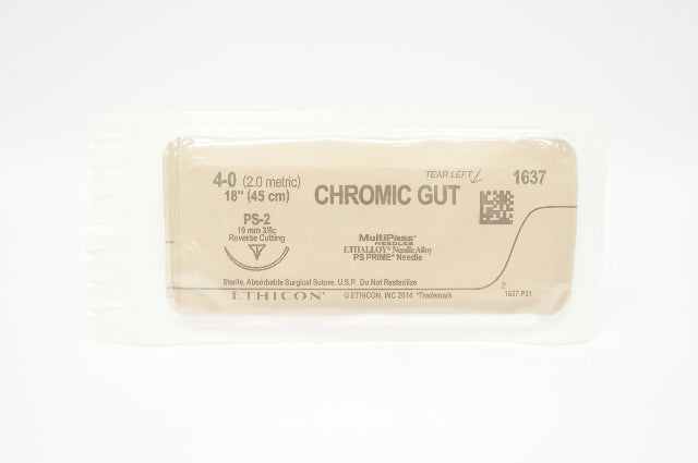 Ethicon 1637 4-0 CHROMIC GUT Surgical PS-2 19mm 3/8c Reverse Cutting, 18inch (x)