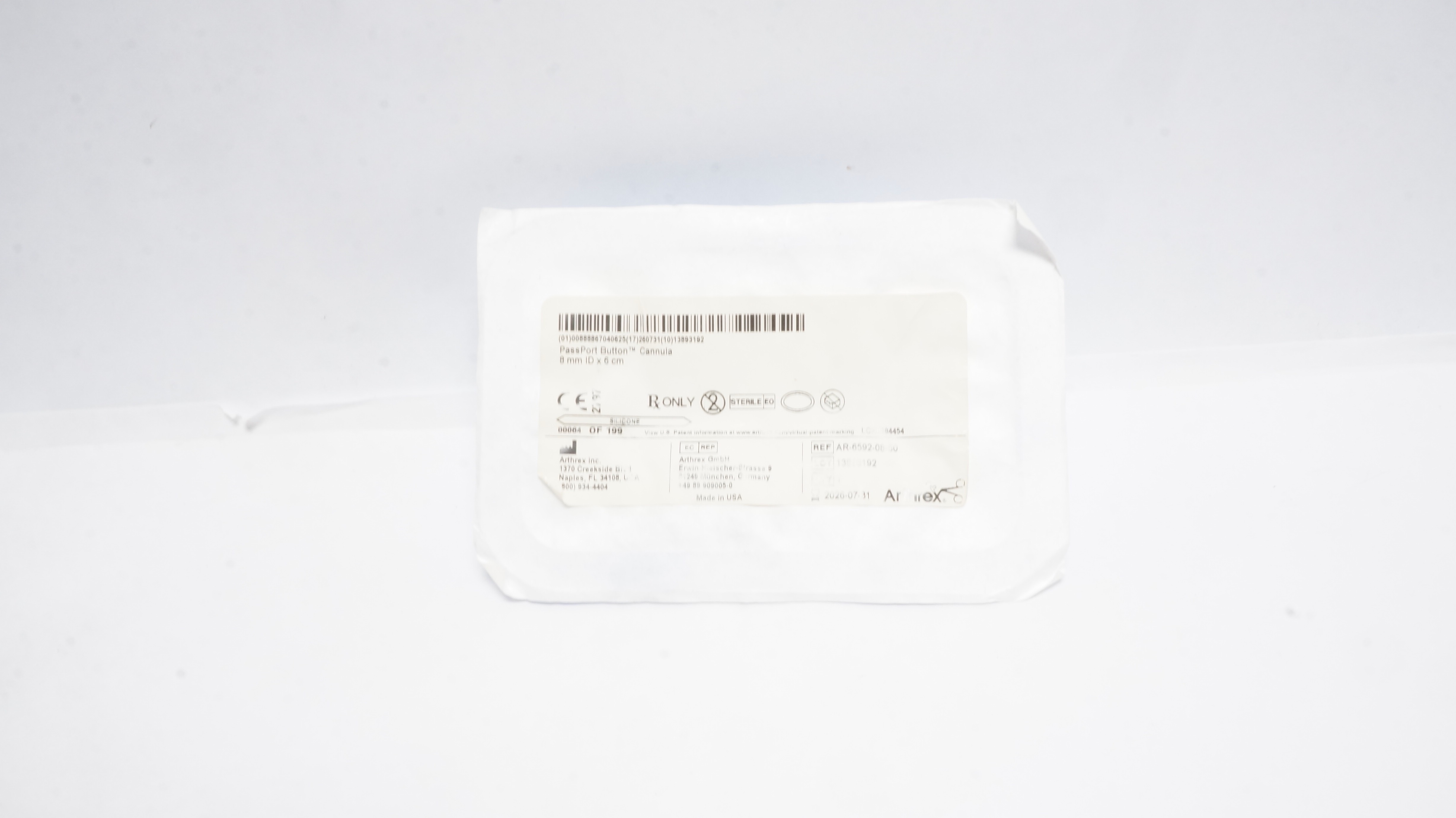 Arthrex AR-6592-08-60 PassPort Button Cannula 8mm ID x 6cm