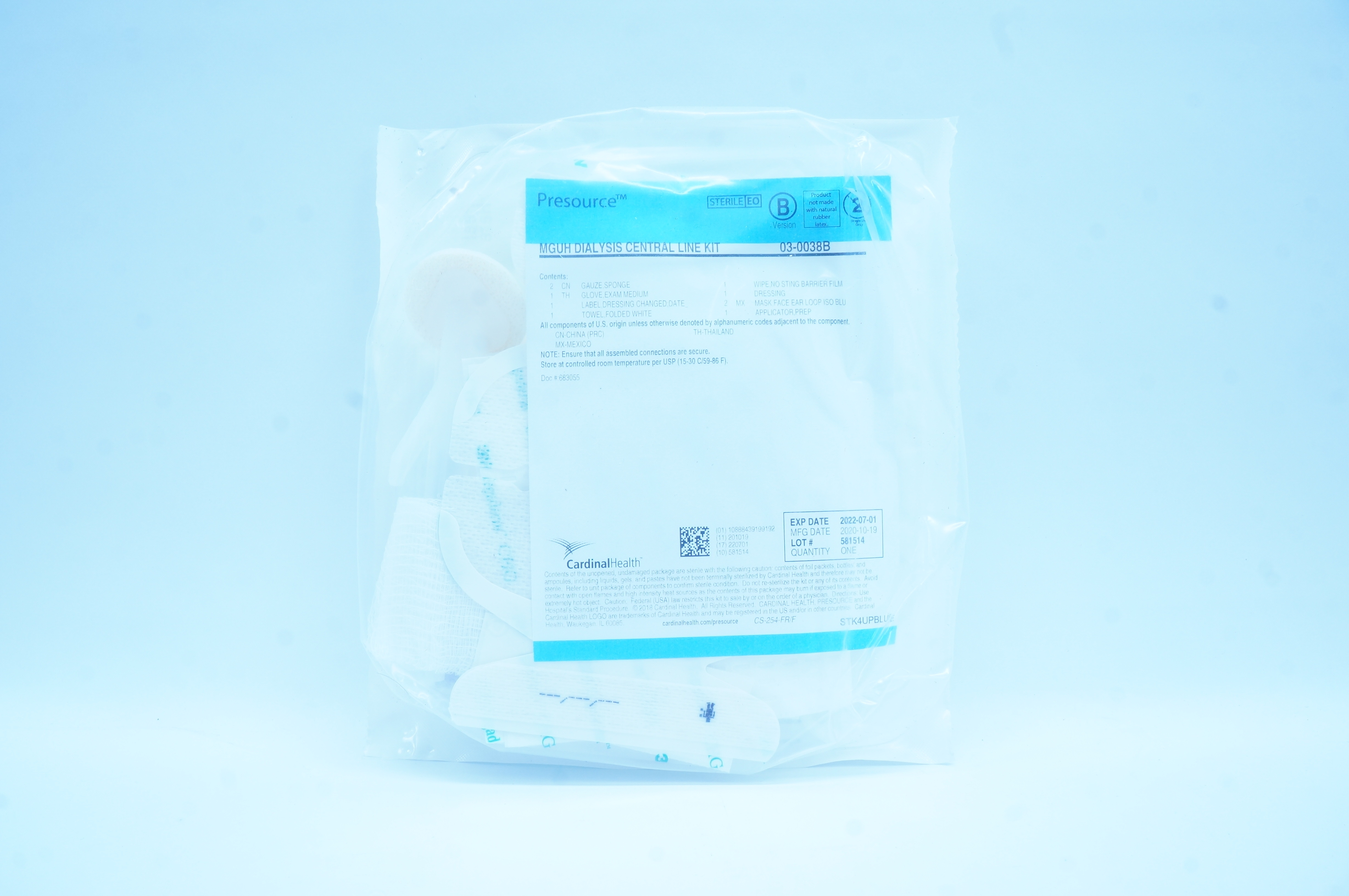 Cardinal Health 03-0038B Presourse MGUH Dialysis Central Line Kit