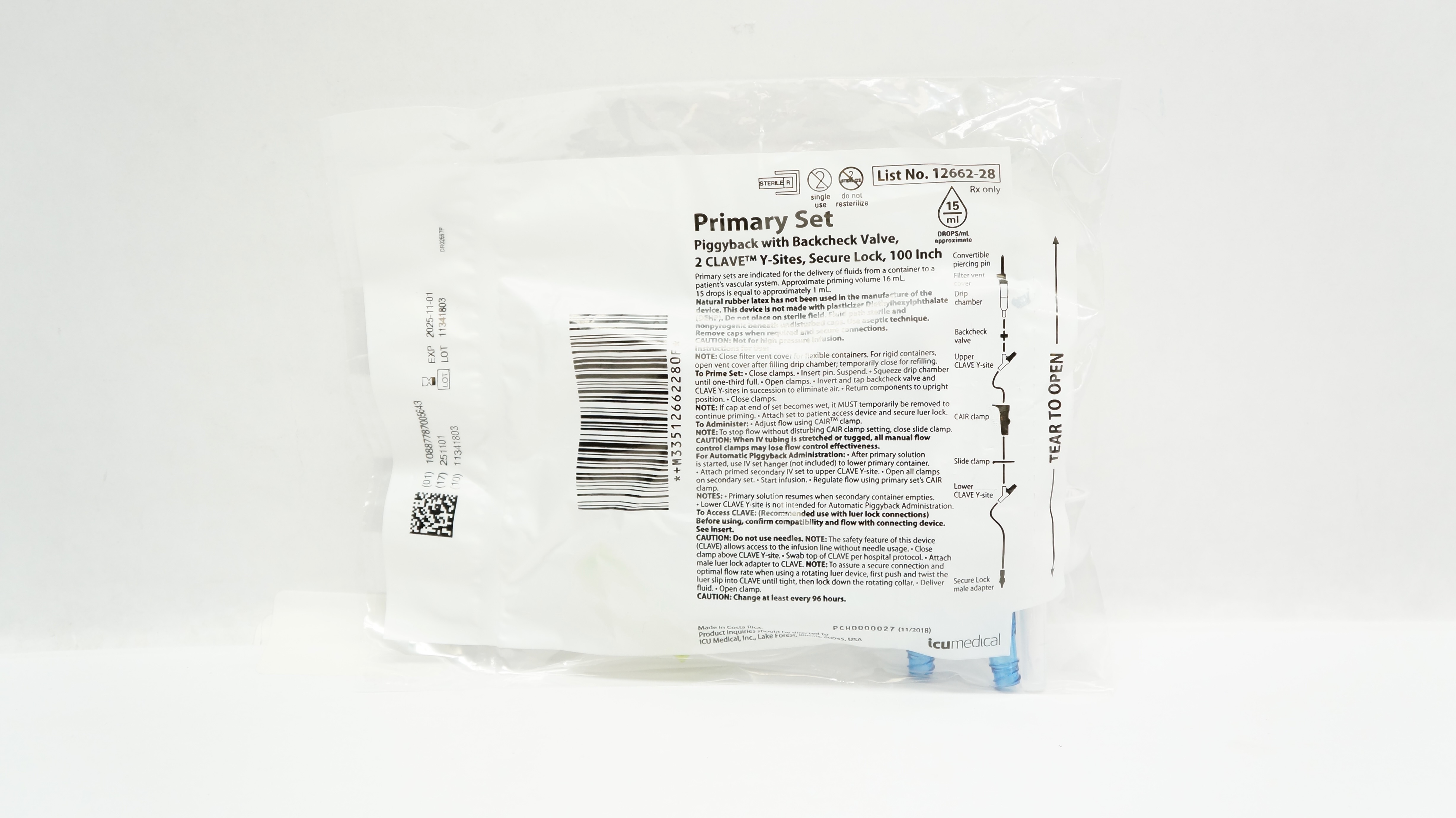 IcuMedical 12662-28 Primary Set Piggyback 2 Clave Y-Sites Secure Lock, 100 Inch